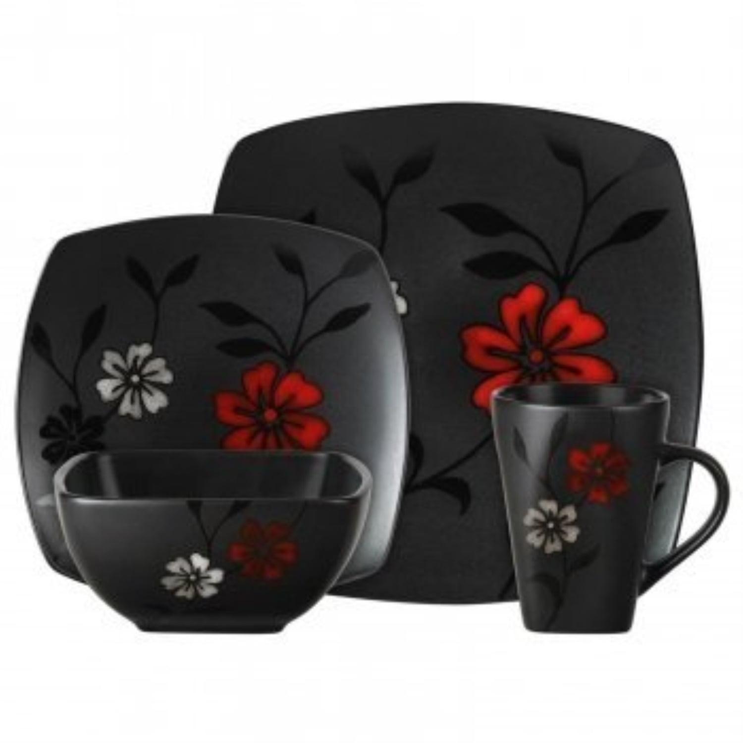 Black Ceramic Square Floral Dinnerware Set, Service for 4