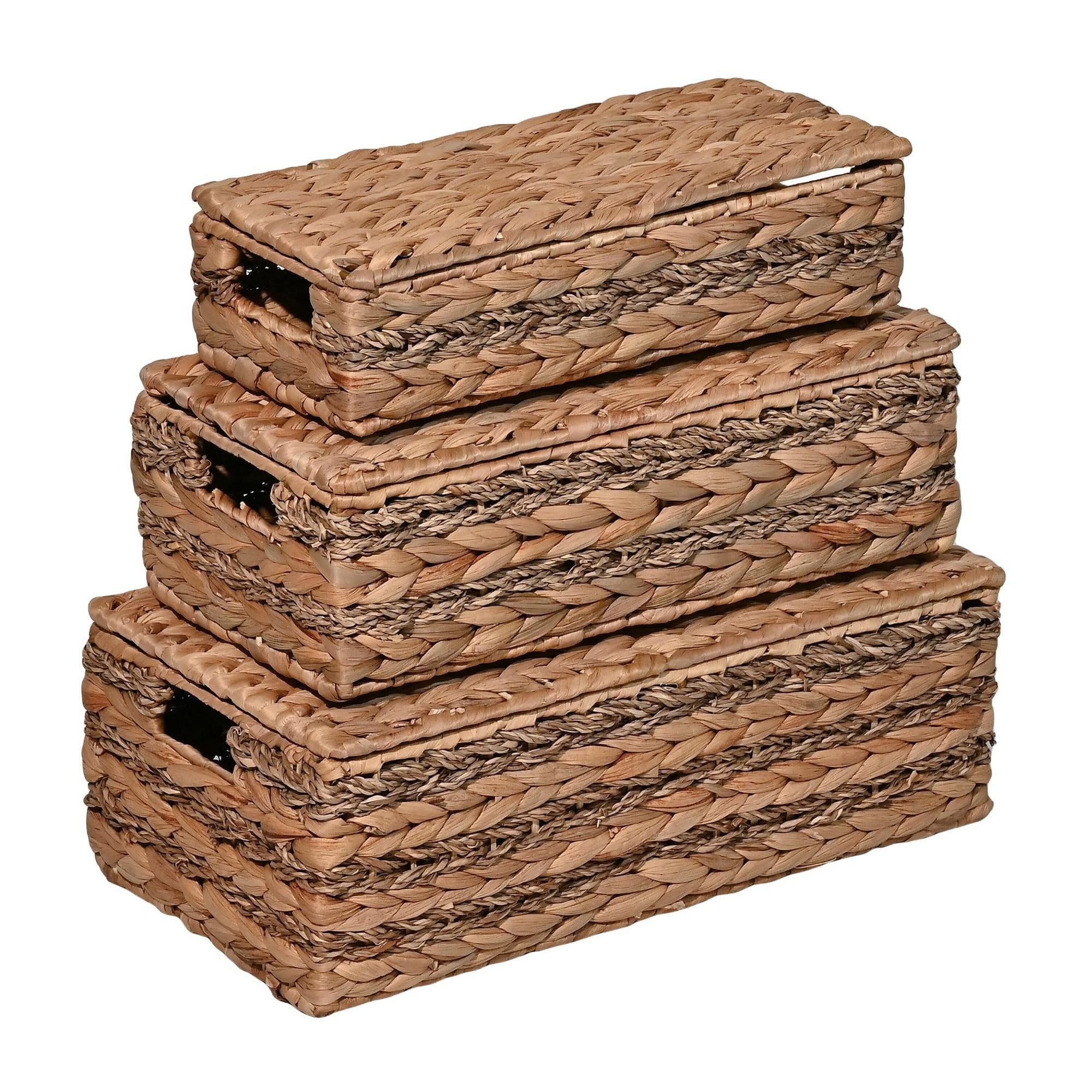 happimess Sandrine Classic Farmhouse Handwoven Hyacinth Storage Baskets with Handles and Lids, Natural (Set of 3)