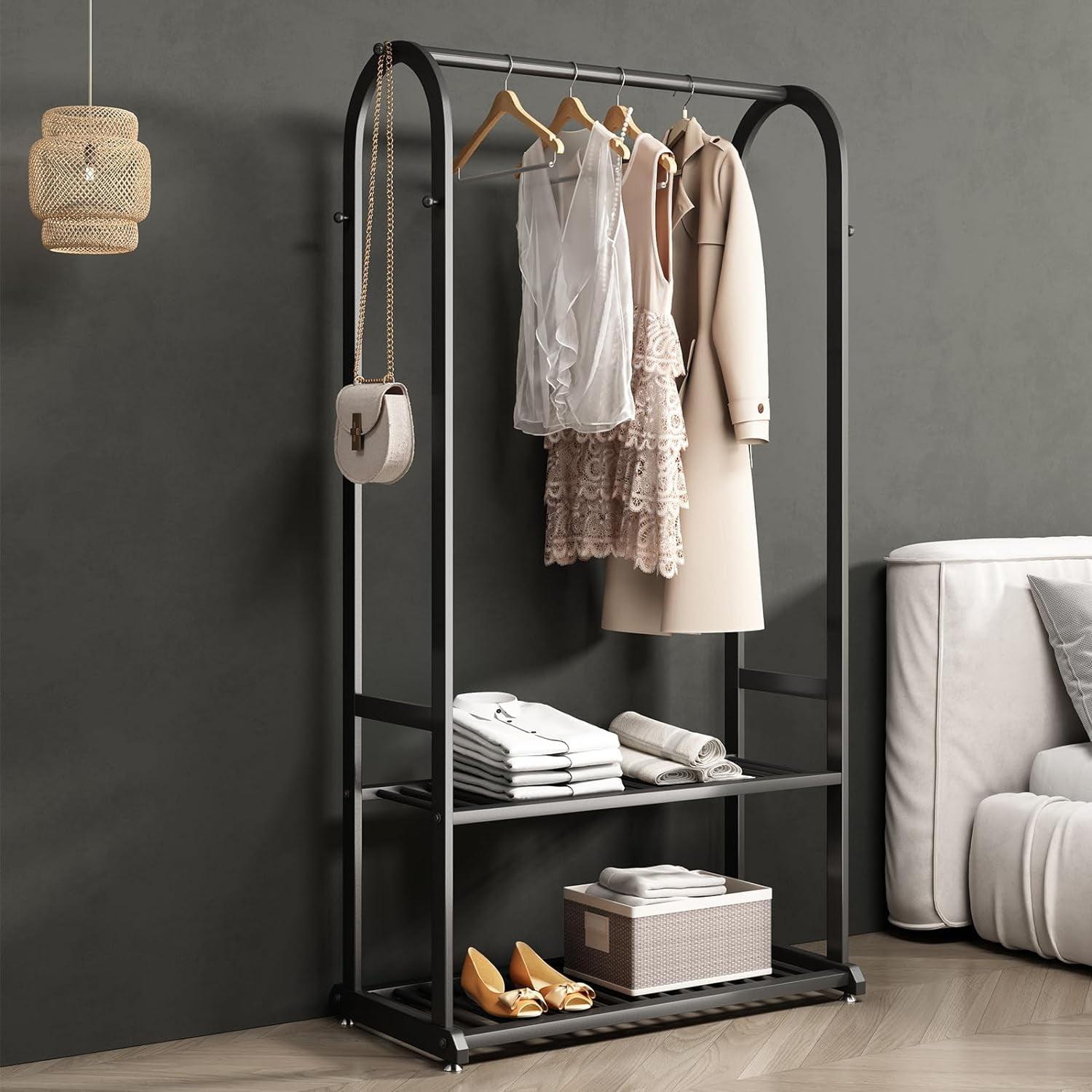 Black Heavy Duty Metal Garment Rack with Shelves and Hooks