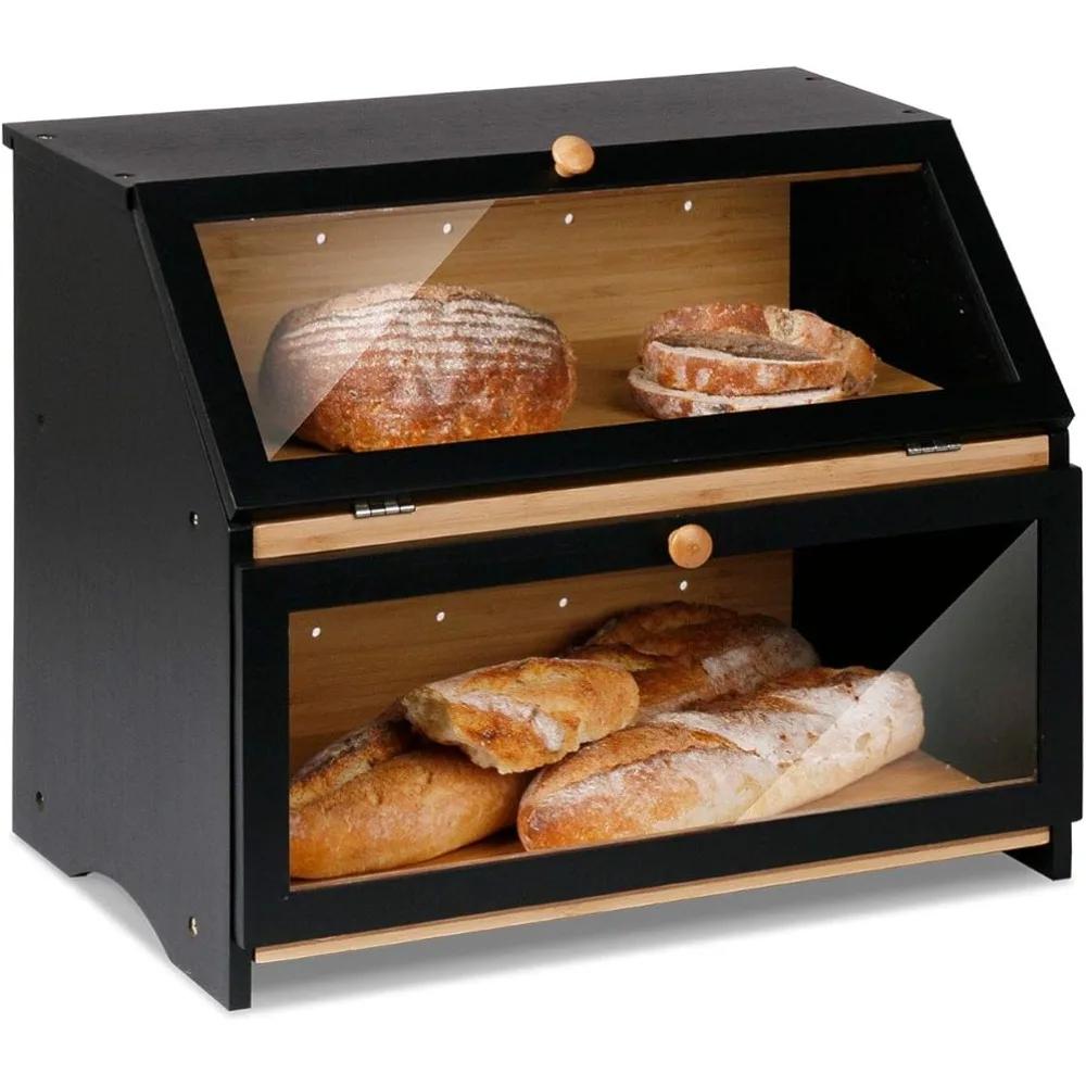 Black Double Layer Bamboo Bread Box with Clear Doors