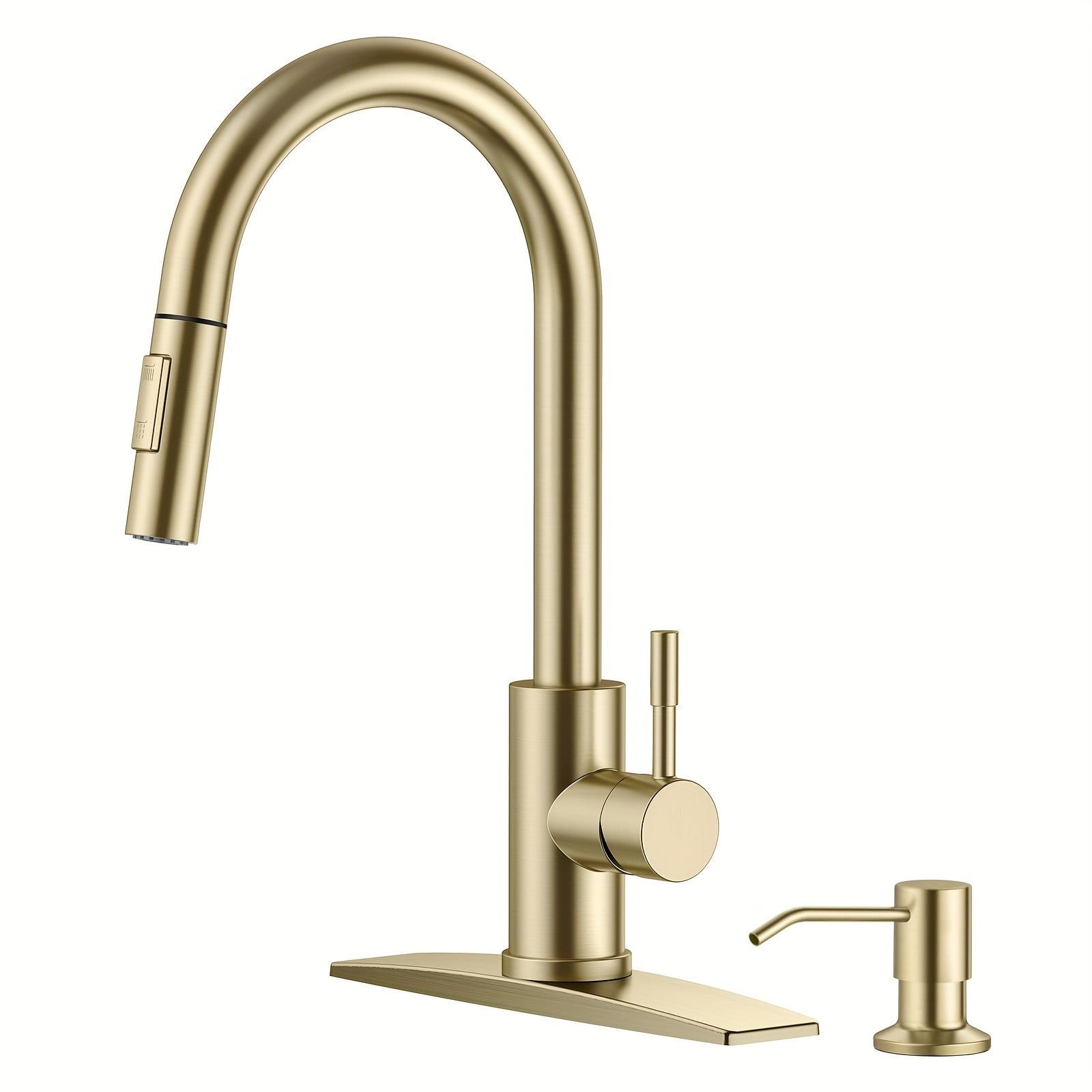 Brushed Gold Stainless Steel Pull Down Kitchen Faucet with Soap Dispenser