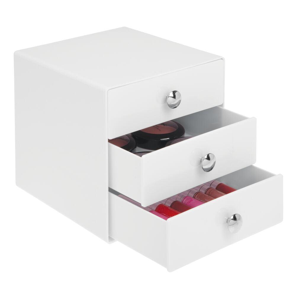 Compact White Plastic 3-Drawer Organizer with Chrome Knobs