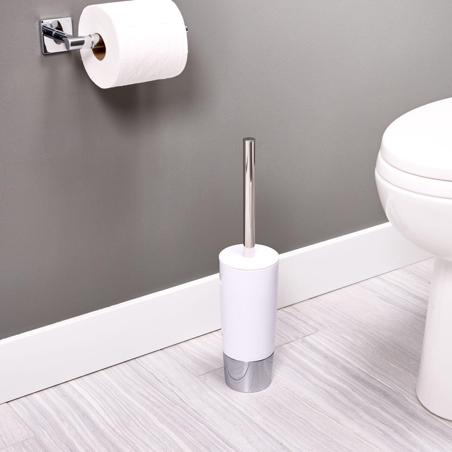 Slim White and Chrome Plastic Toilet Bowl Brush and Holder