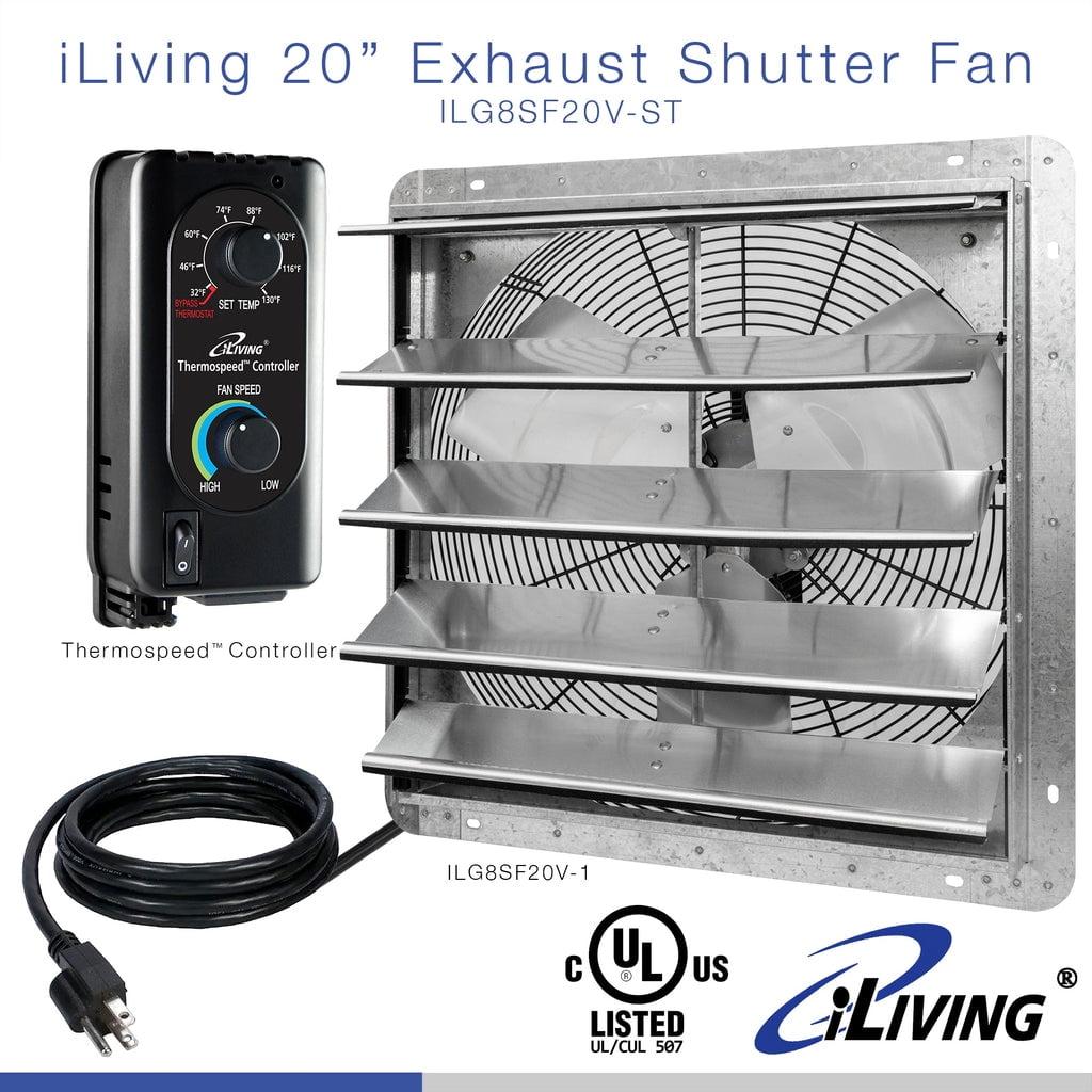 iLIVING ILG8SF20V-ST 20" Wall Mounted Shutter Exhaust Fan, Automatic Shutter, with Thermostat and Variable Speed controller, 2.2A, 3368 CFM, 5000 SQF Coverage Area Silver