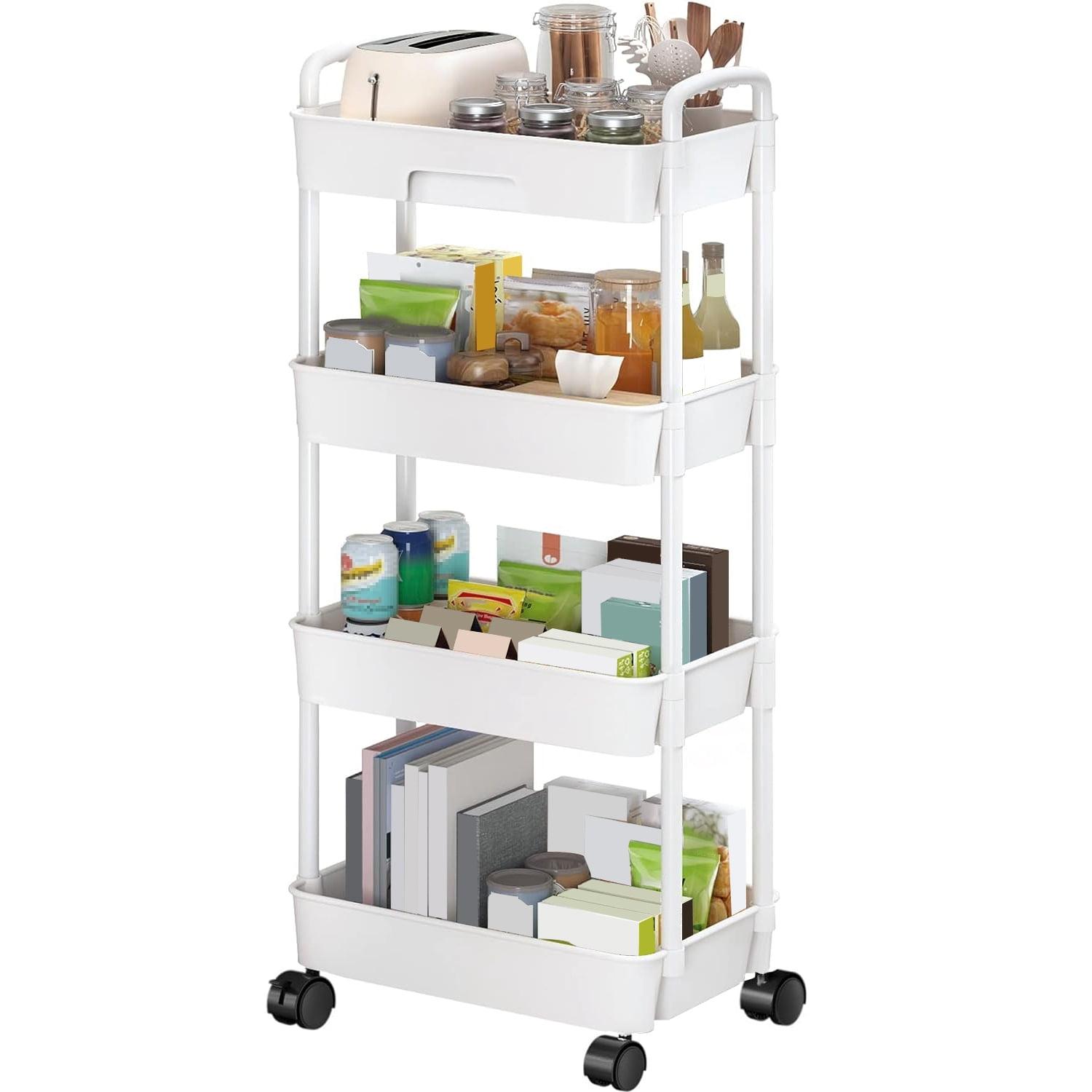 White 4-Tier Metal Rolling Utility Cart with Lockable Wheels