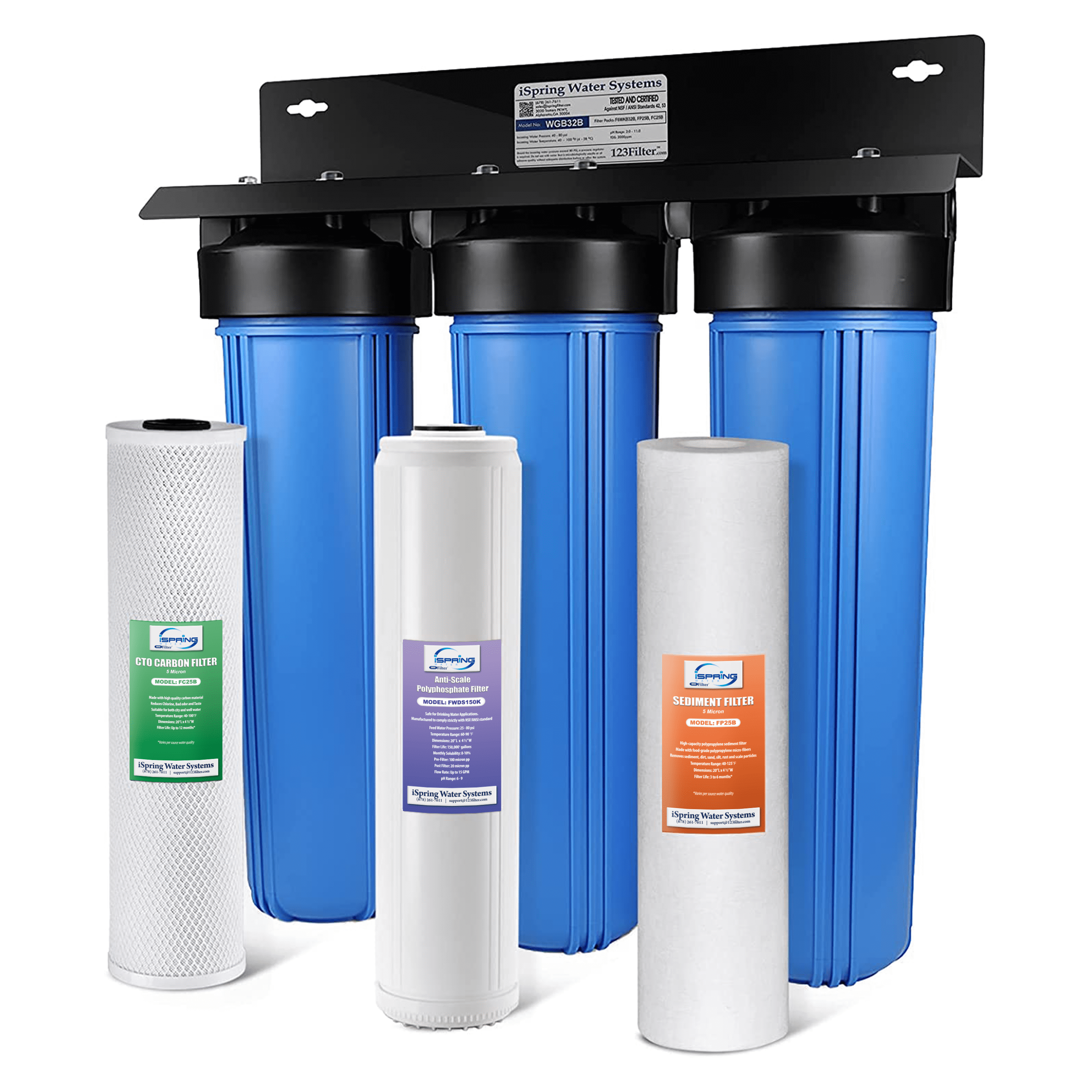 iSpring WGB32B-DS Whole House Water Filter System w/ Sediment, Polyphosphate Anti-Scale, and Carbon Block Water Filters, 3-Stage Water Descaler and Water Filter