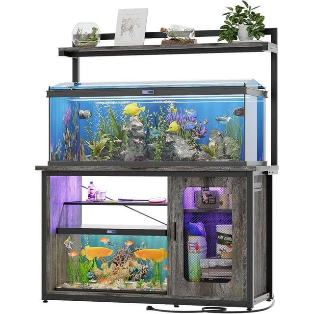 iSunirm 55-75 Gallon Aquarium Stand with Shelf, Fish Tank Stand with Power Outlets and LED Lights, Heavy Duty Reversible Aquarium Stand with Cabinet, for Fishes and Reptiles, 49.2"L*18.9"W, Black Oak