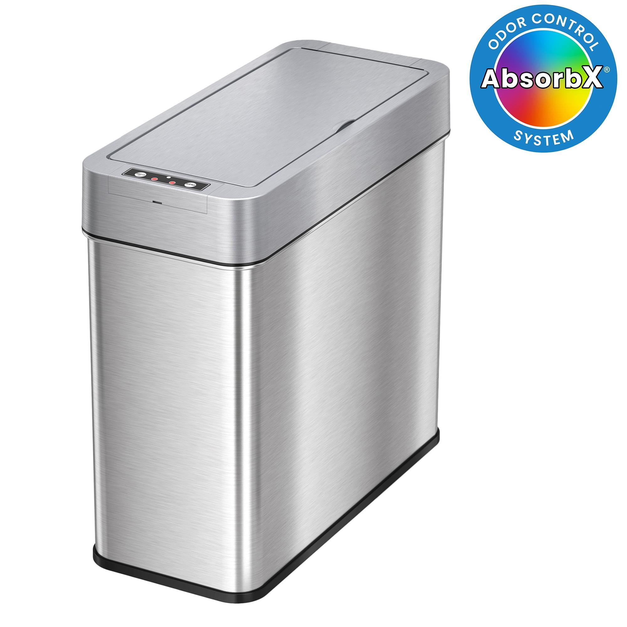 iTouchless Bathroom Sensor Trash Can with AbsorbX Odor Filter Left Side Lid Open Rectangular 4 Gallon Silver Stainless Steel