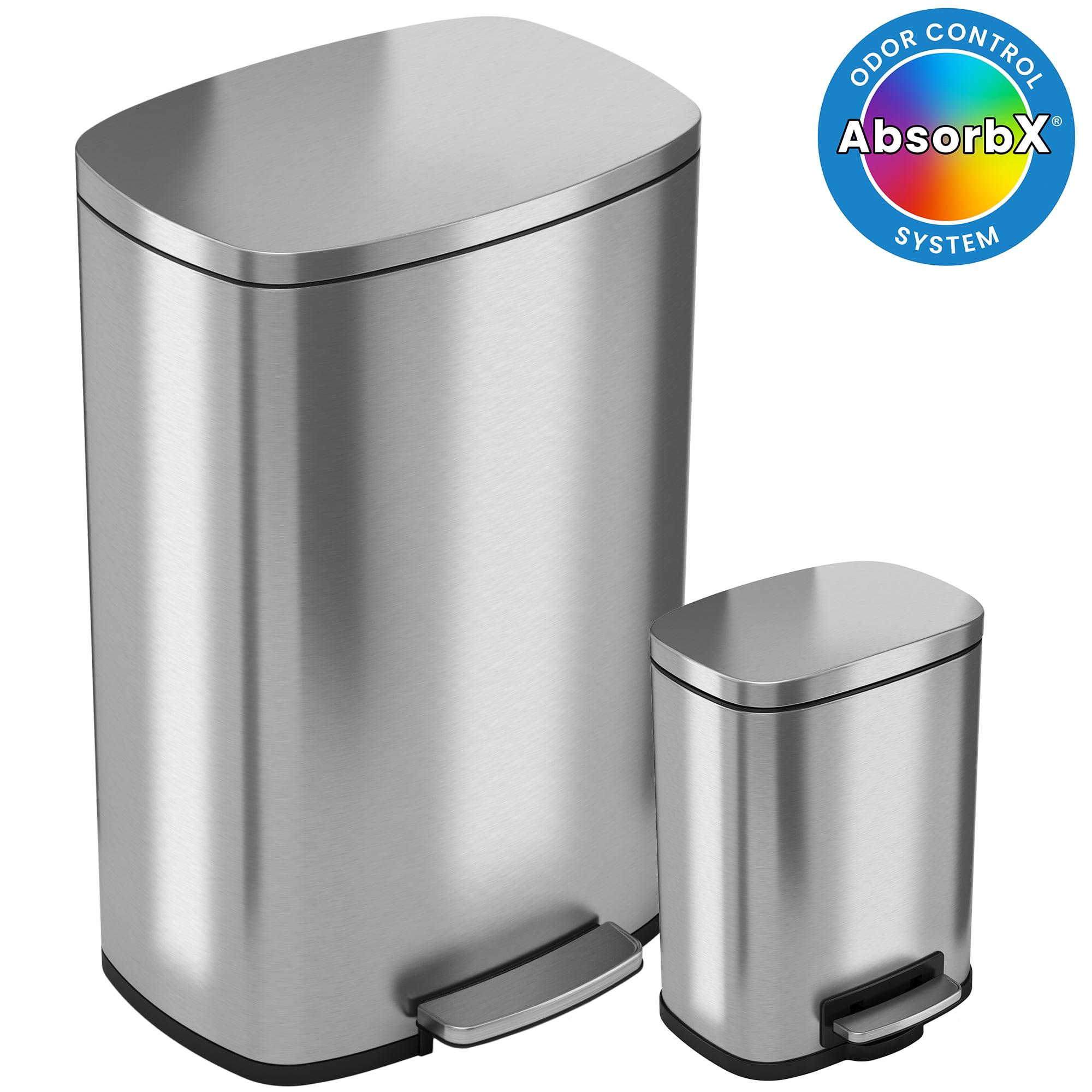 iTouchless Combo Set Step Pedal Kitchen and Bathroom Trash Cans with AbsorbX Odor Filter 13.2 and 1.3 Gallon Silver Stainless Steel