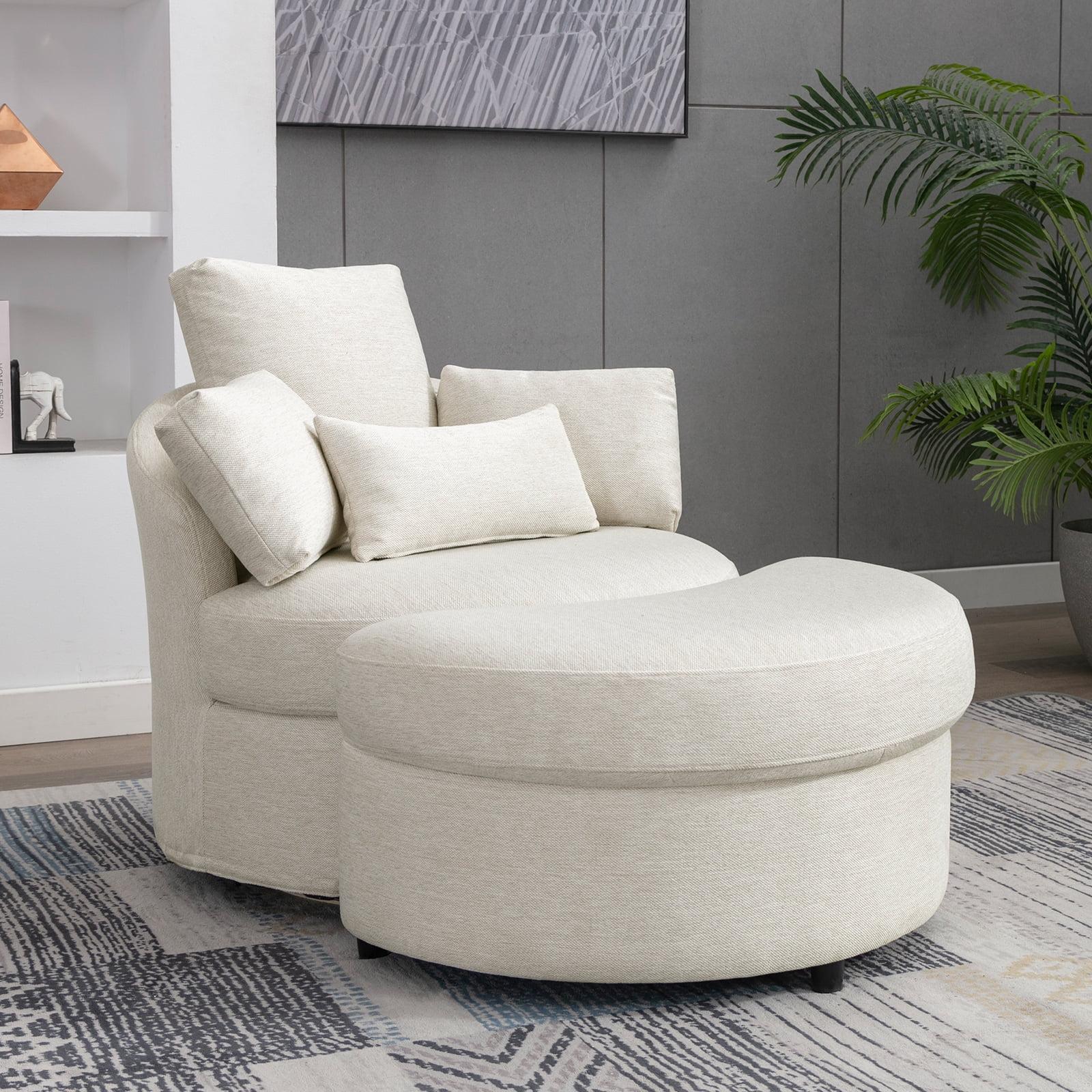 Beige Linen Swivel Barrel Chair with Storage Ottoman