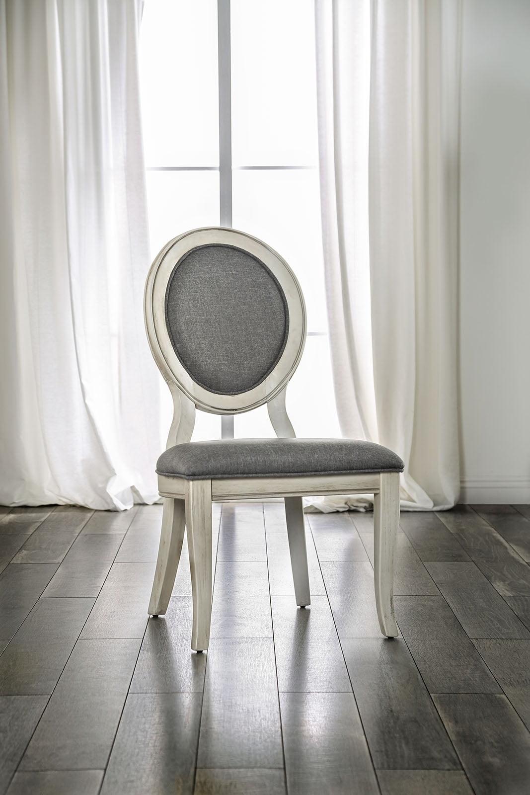 Transitional Gray Linen-Upholstered Solid Wood Side Chair in Antique White