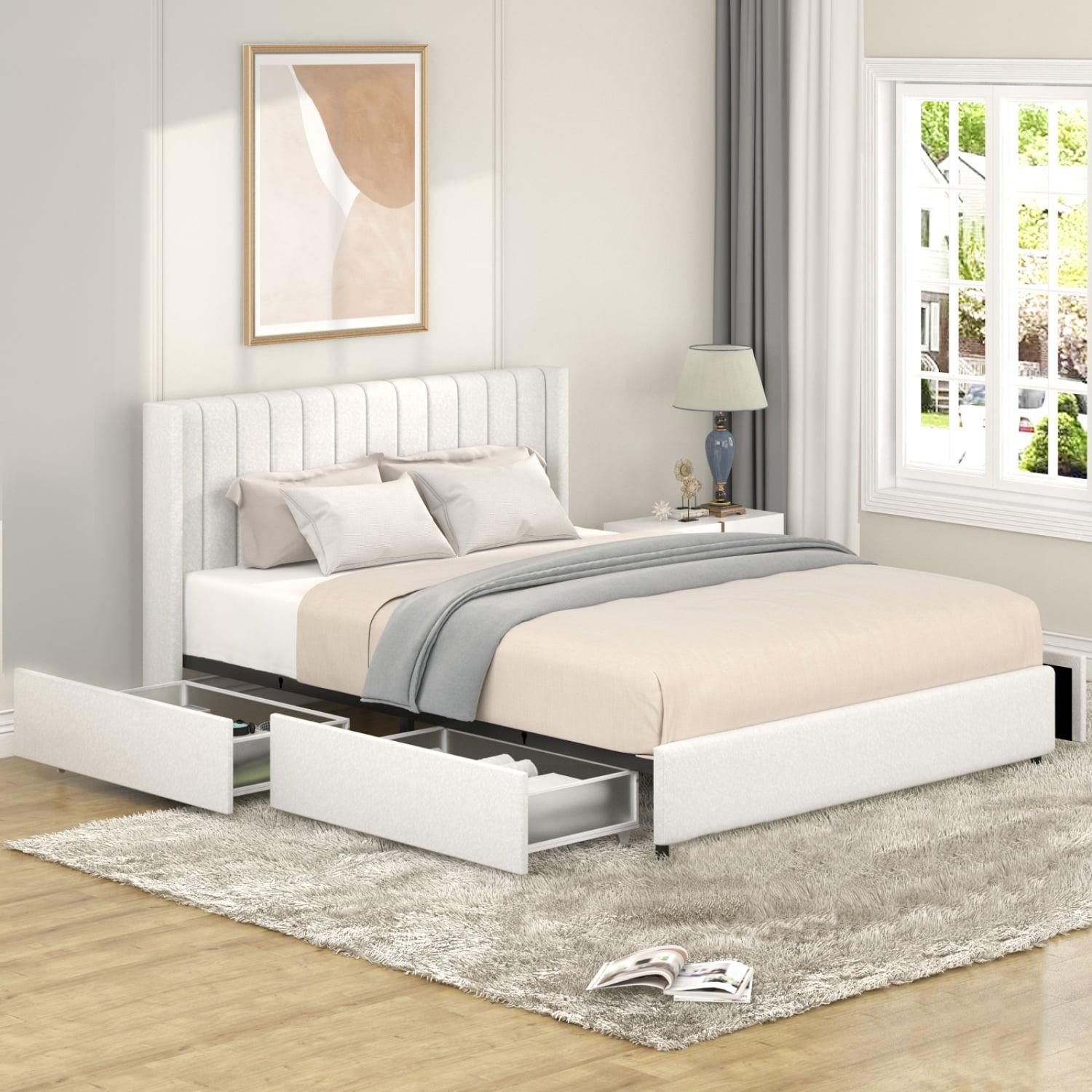 imerelez Anda Queen Size Ivory Boucle Upholstered Platform Bed with Patented 4 Drawers Storage, Tufted Headboard, Wooden Slat Mattress Support, No Box Spring Needed