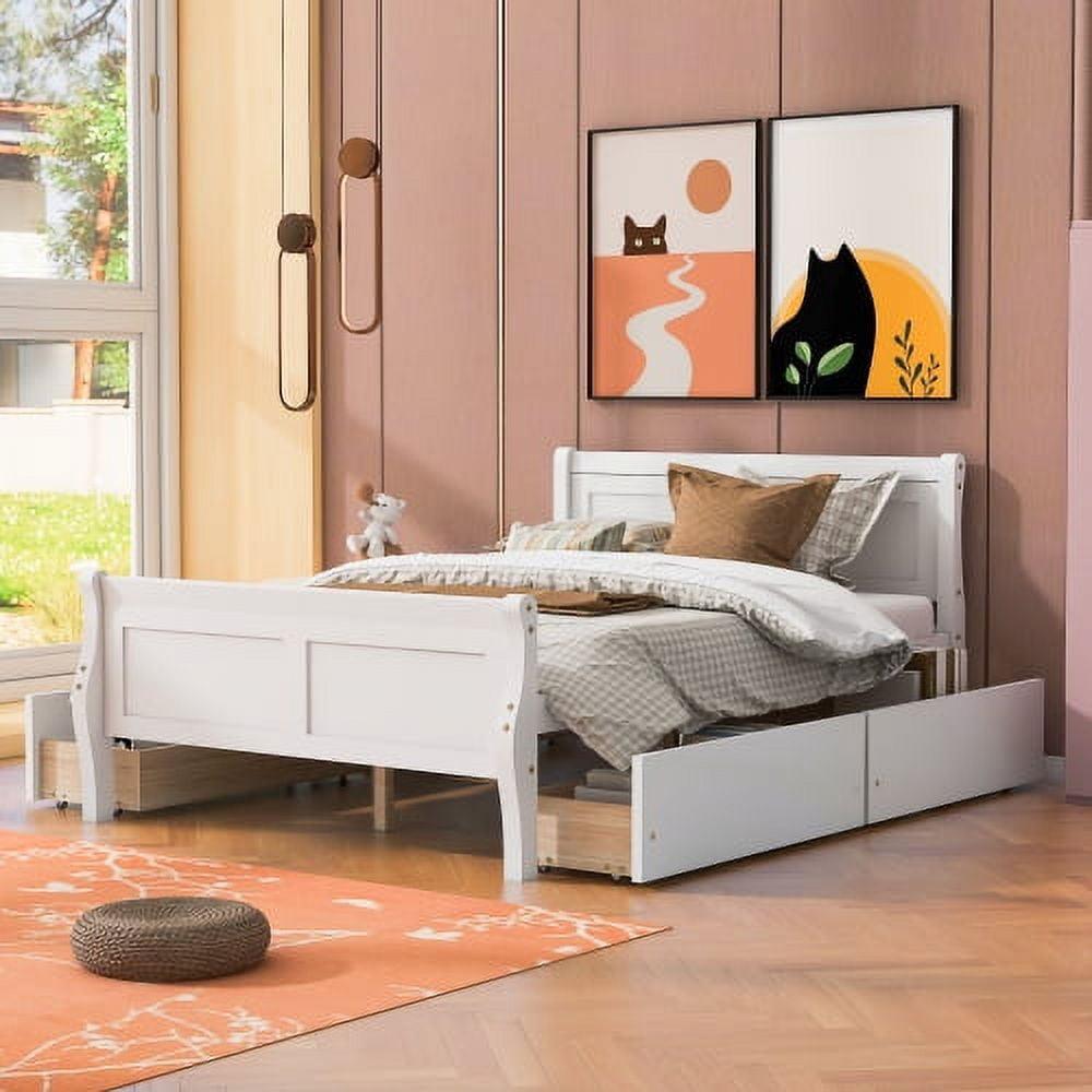 Full Size White Pine Wood Platform Bed with 4 Drawers
