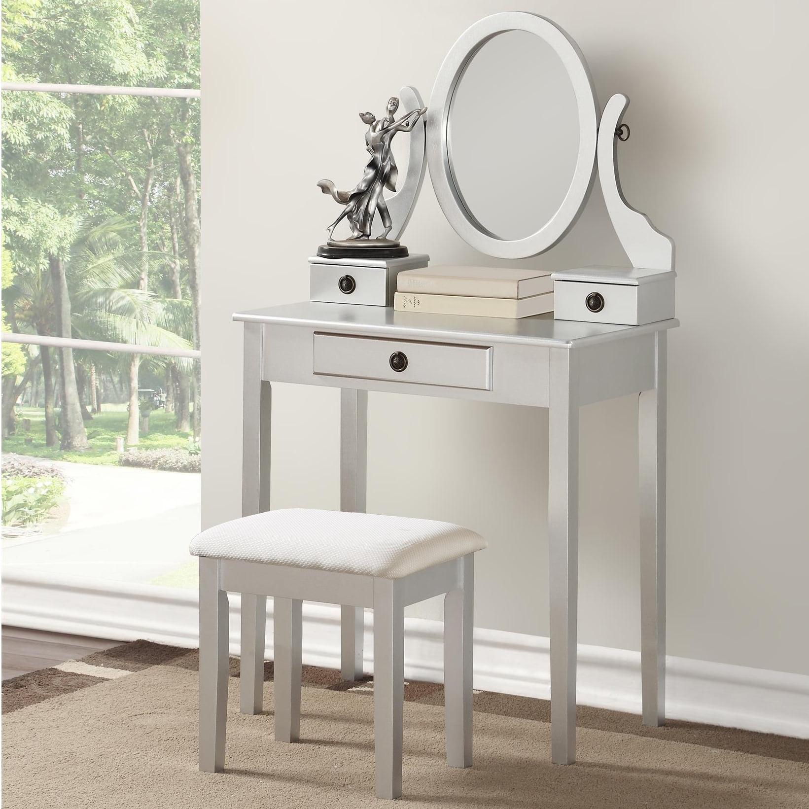 Silver Wood Vanity Table with Adjustable Mirror and Stool