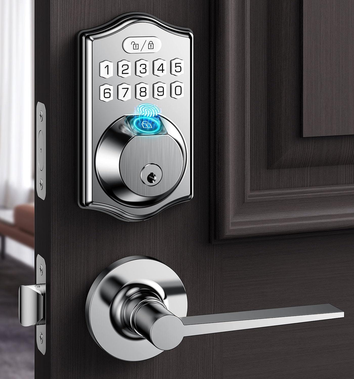 Satin Nickel Keyless Entry Door Lock with Handle Set and Fingerprint Scanner