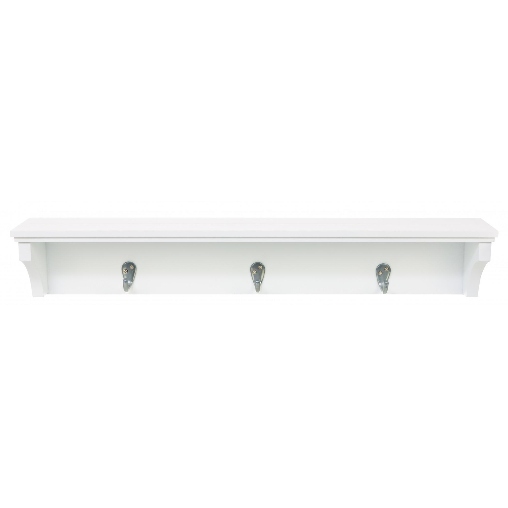 White MDF Floating Wall Shelf with Metal Hooks