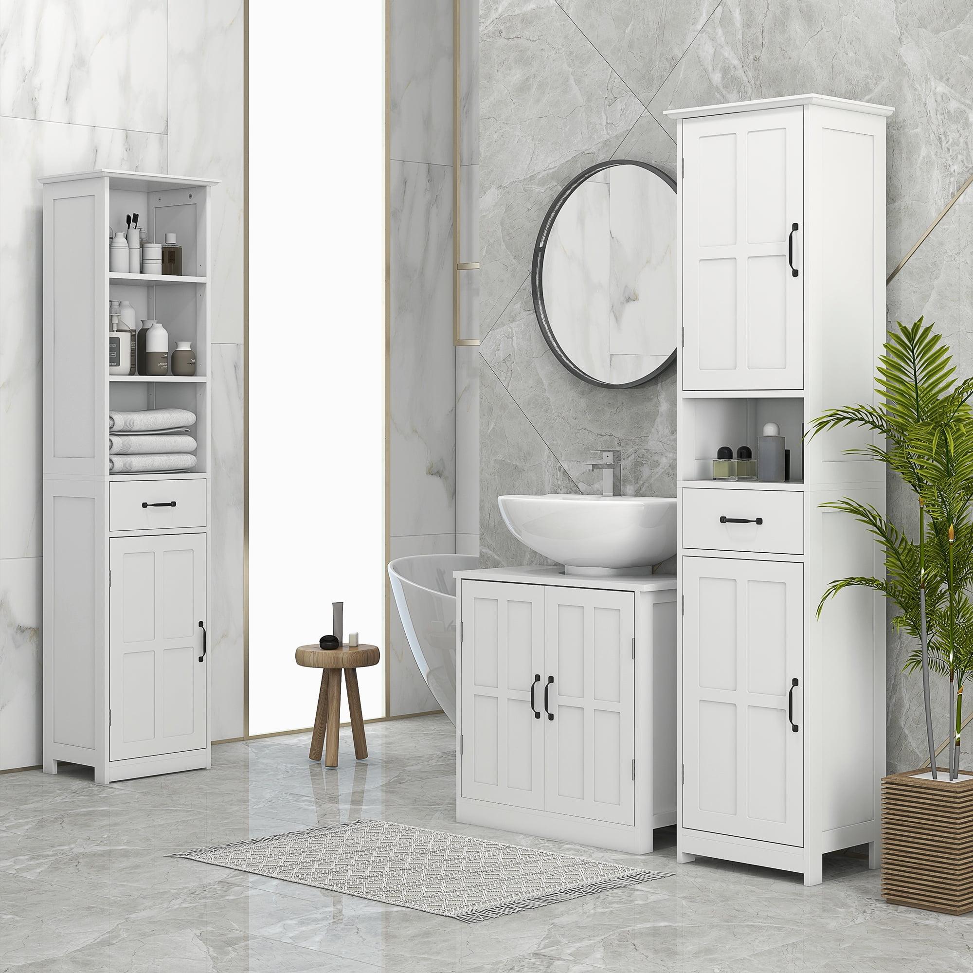 White Tall Bathroom Storage Cabinet with Adjustable Shelves