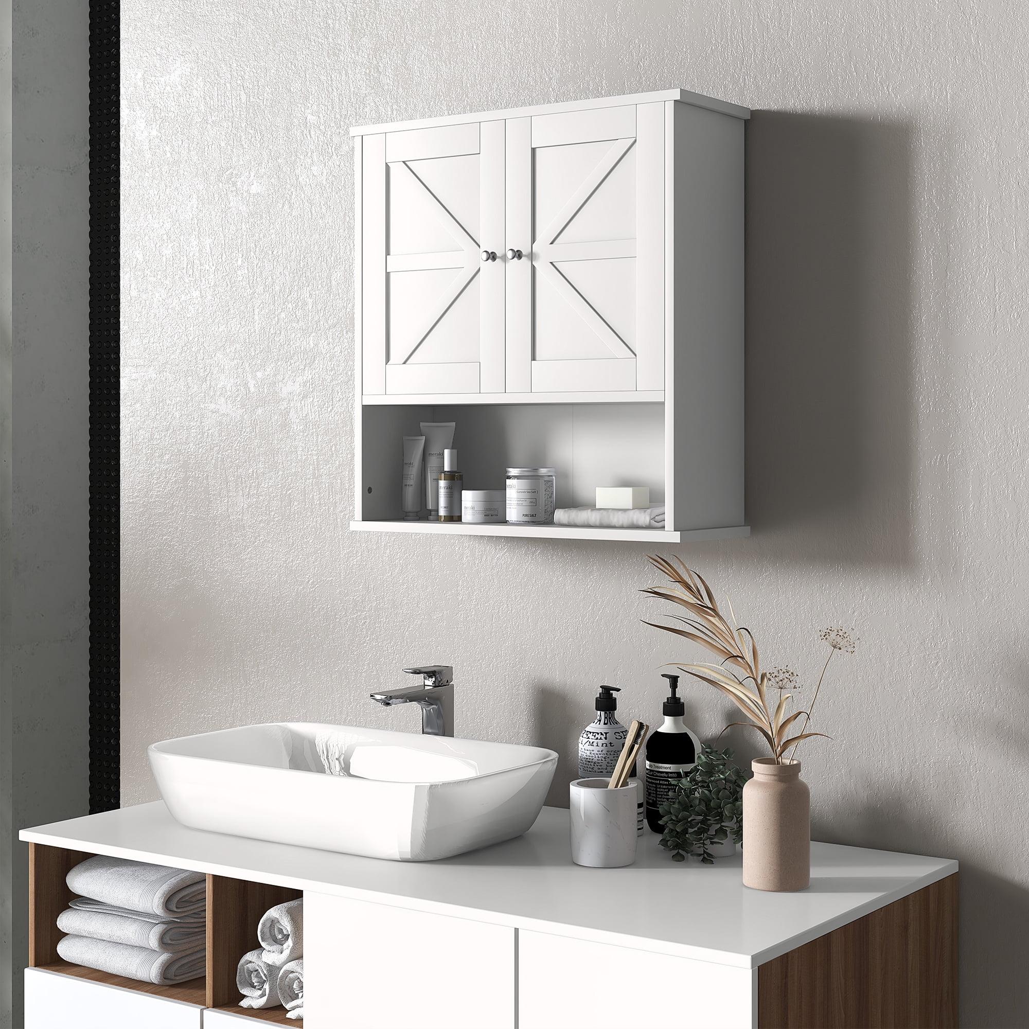 kleankin Bathroom Wall Cabinet, Farmhouse Medicine Cabinet with Open Shelf & Adjustable Shelf, Storage Cupboard for Laundry Room, White