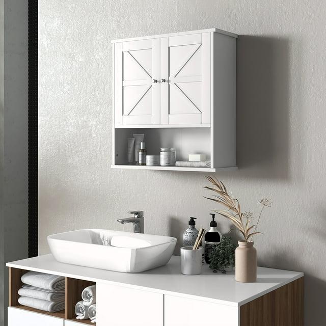 kleankin Bathroom Wall Cabinet, Farmhouse Medicine Cabinet with Open Shelf & Adjustable Shelf, Storage Cupboard for Laundry Room, White