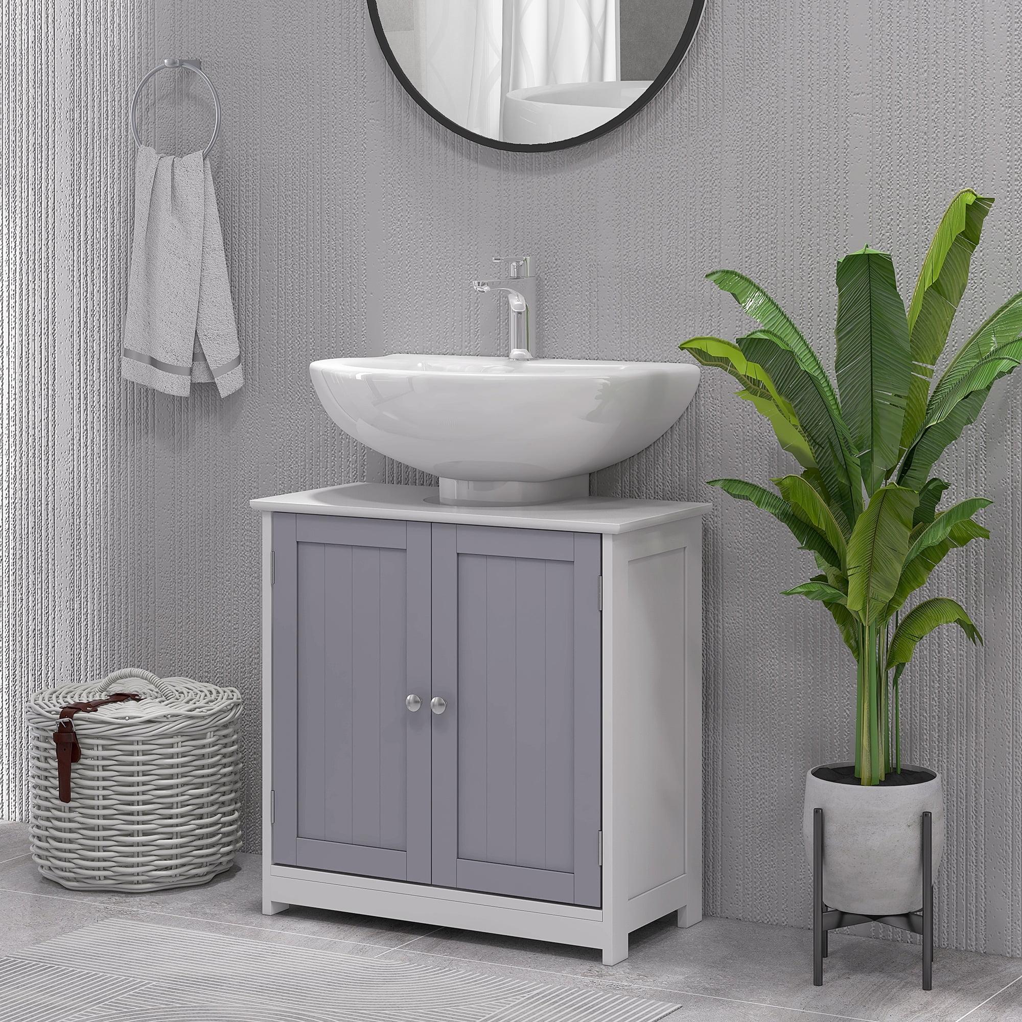 White and Gray MDF Pedestal Sink Storage Cabinet