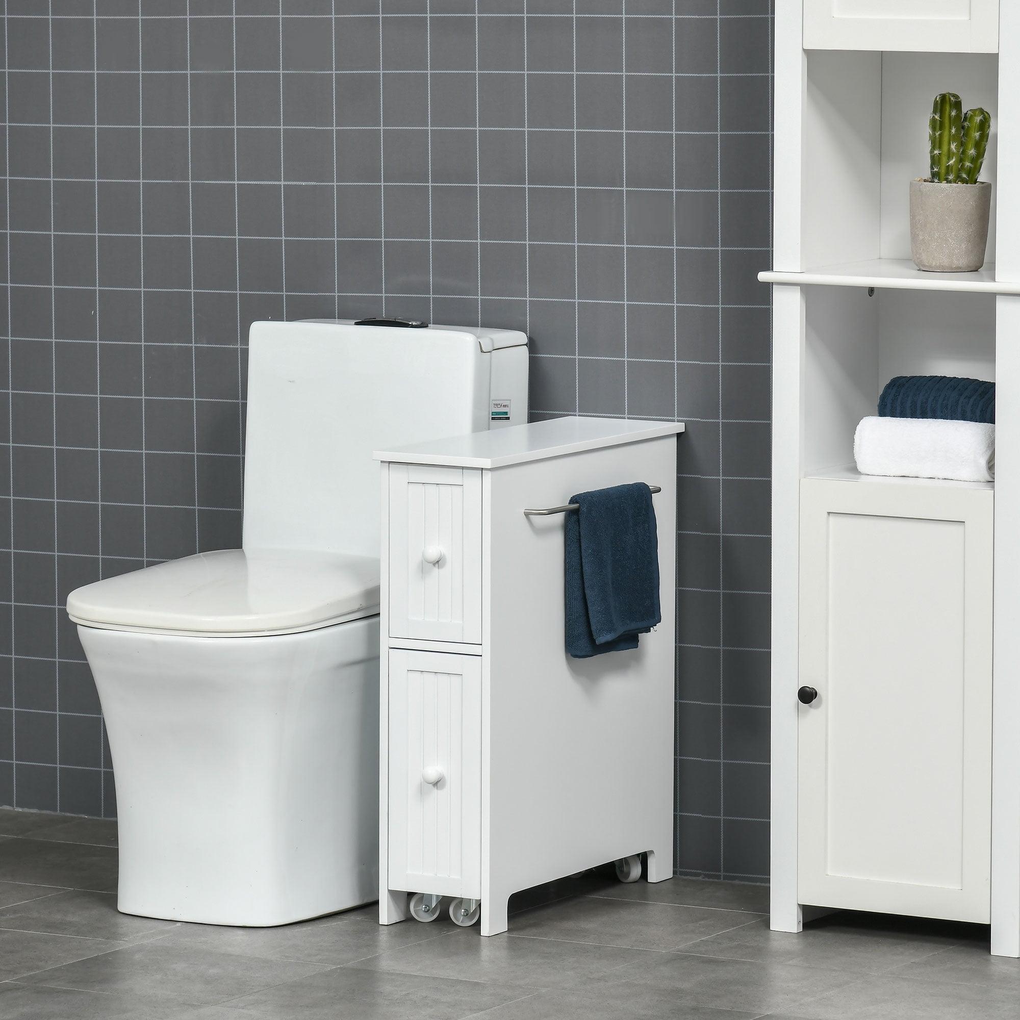 kleankin Slim Bathroom Cabinet, Freestanding Storage Cabinet, Toilet Paper Holder with Two Drawers, Side Towel Rack, and Wheels, 7 x 20.5 x 24.75 Inches, White