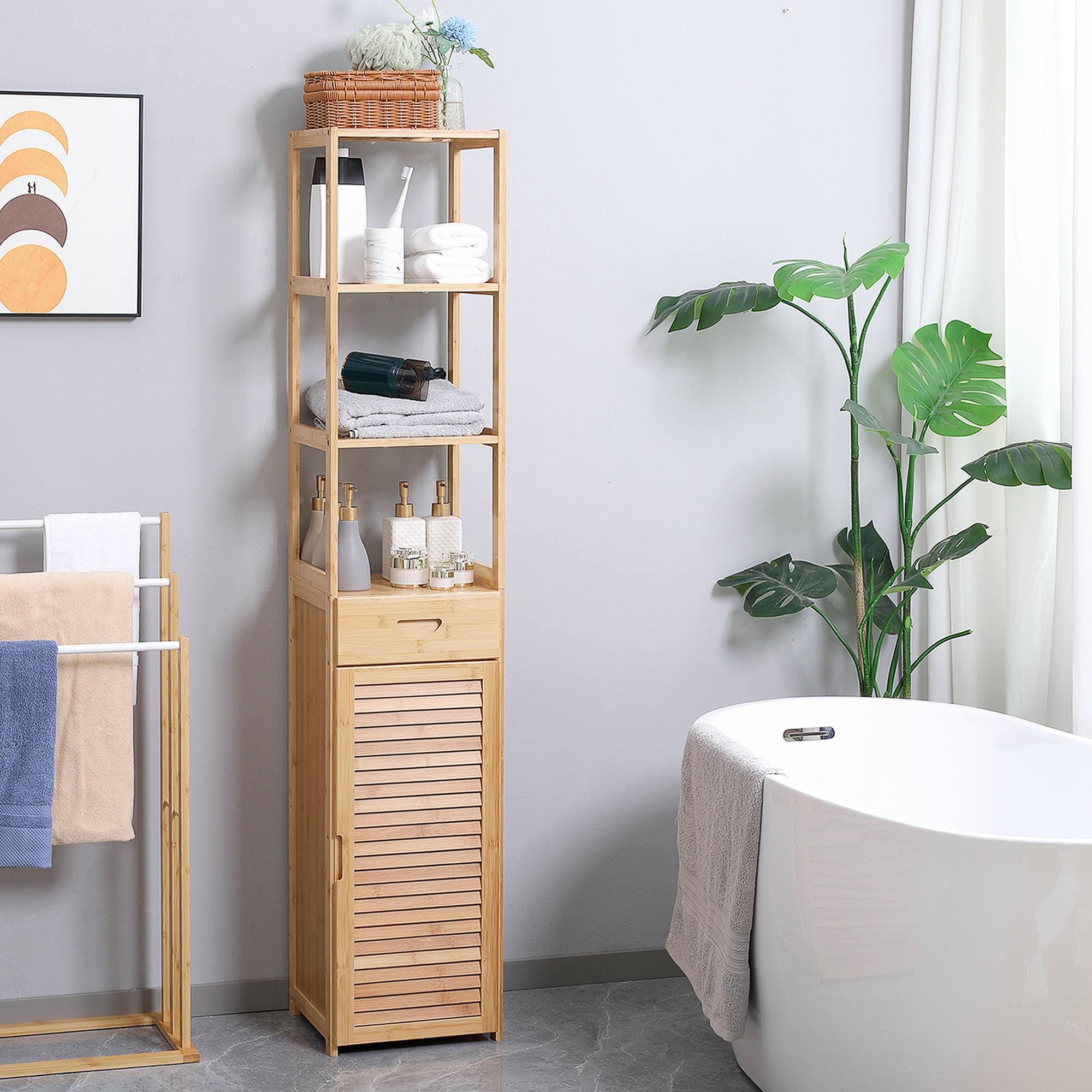 kleankin Tall Bathroom Cabinet with Drawer and Slatted Shelves, Slim Bamboo Linen Tower with Louvered Door, Natural