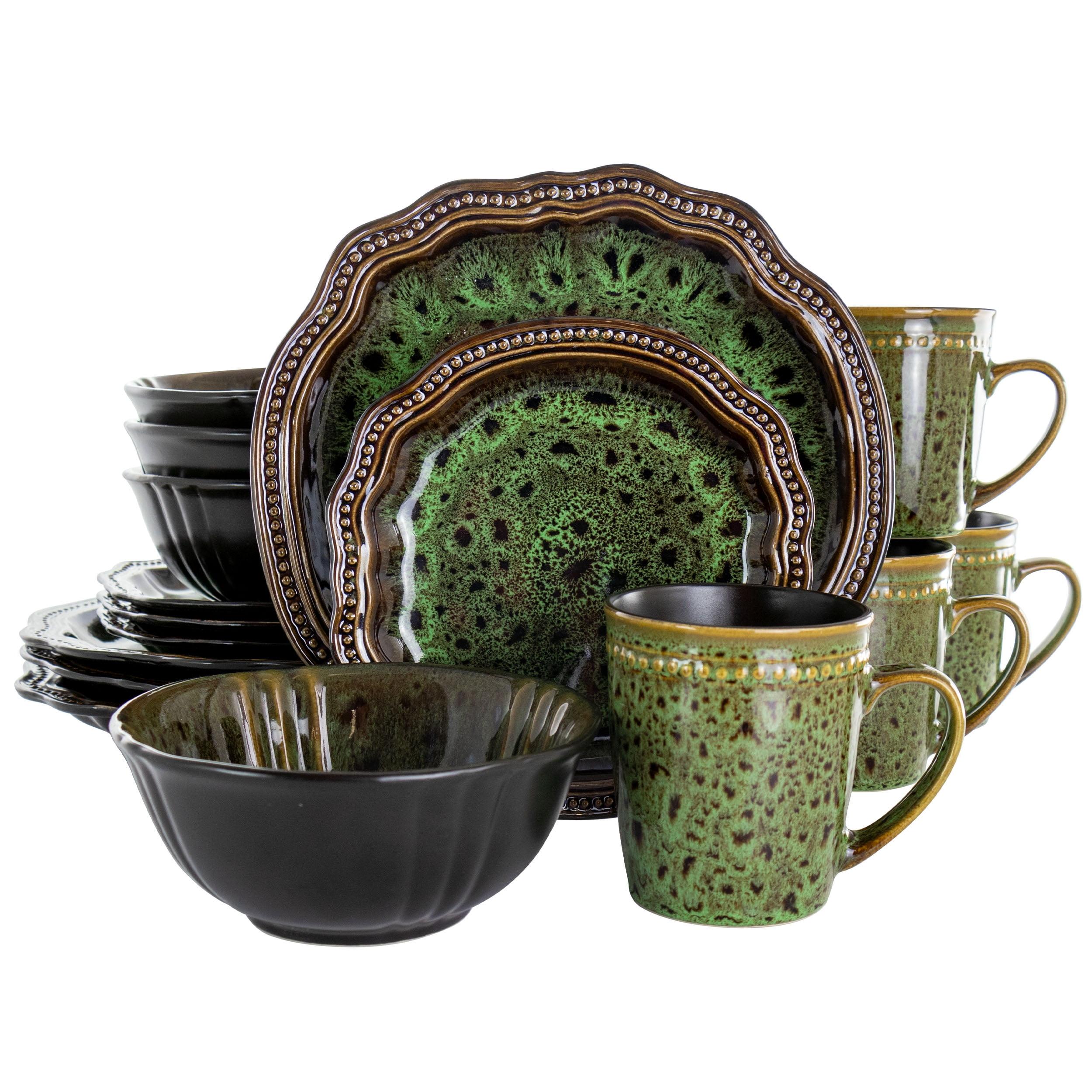 Elama Jade Waves Green Ceramic 16-Piece Dinnerware Set