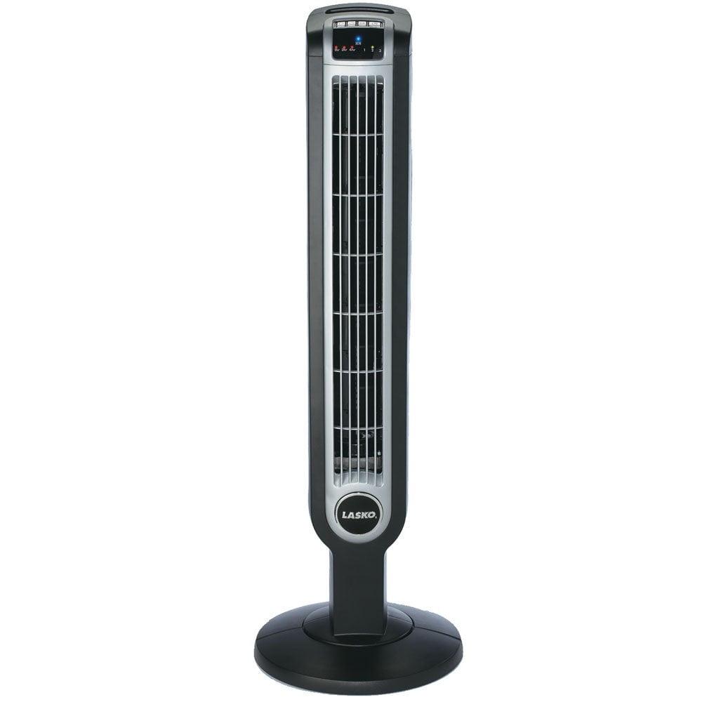 Black and Silver 36-Inch Oscillating Tower Fan with Remote