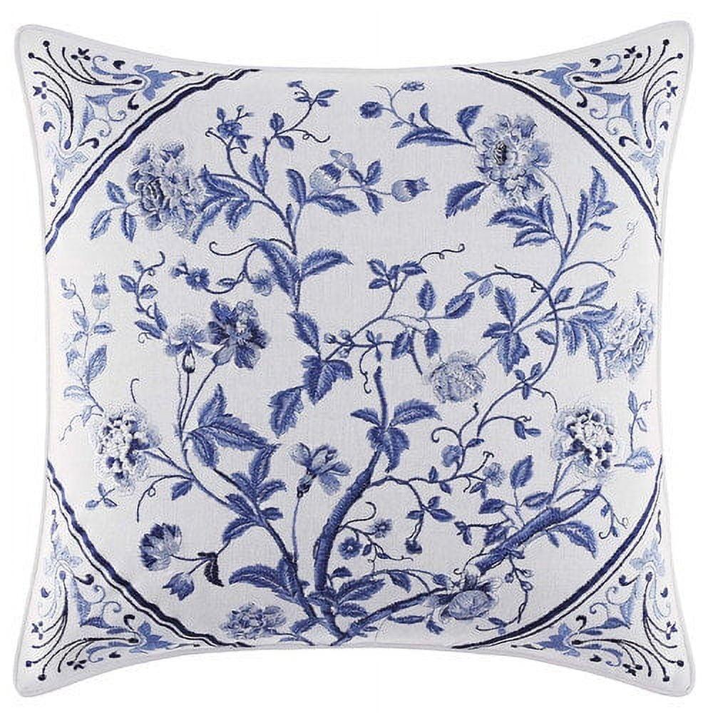 Charlotte Blue and White Square Embroidered Linen-Cotton Throw Pillow