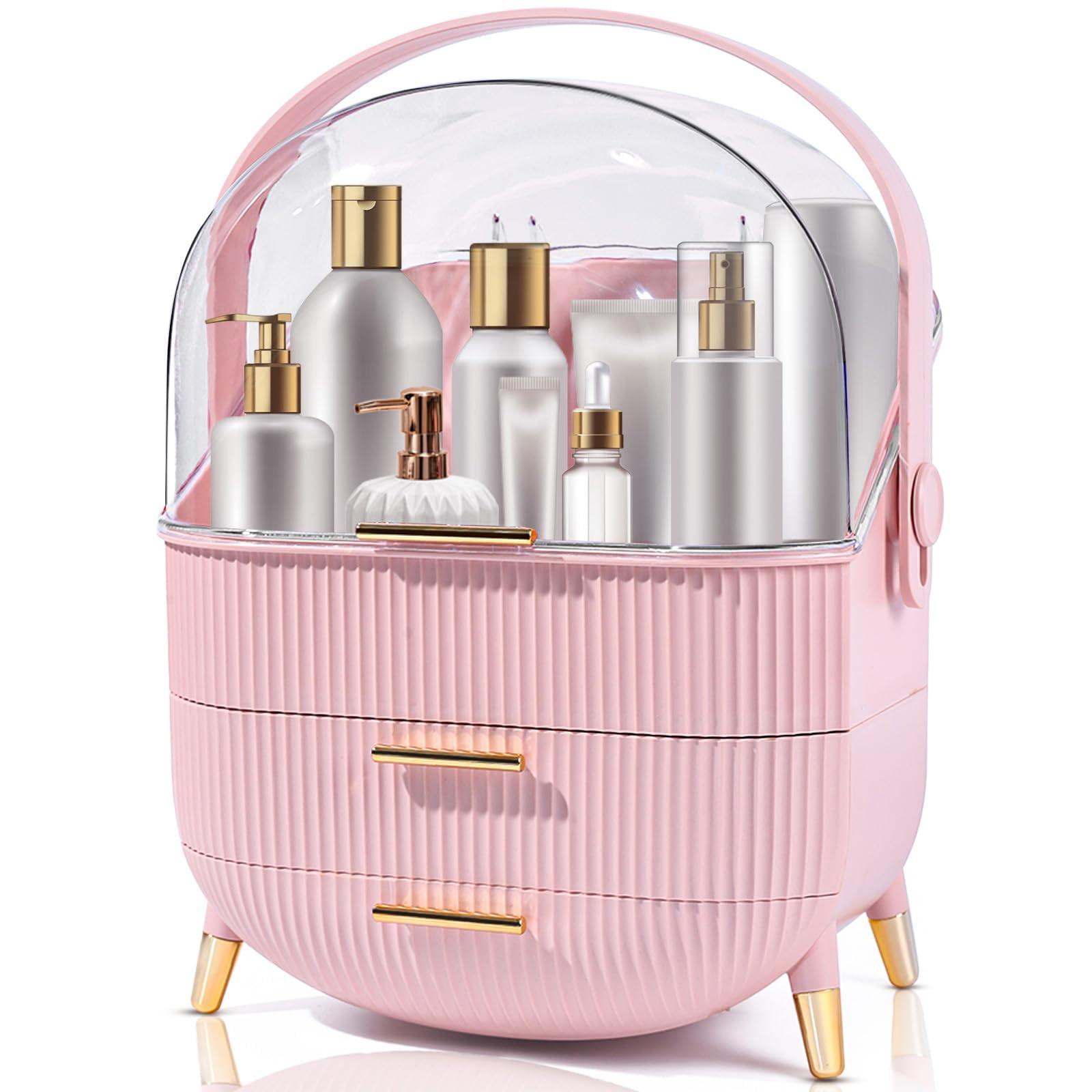 Rebrilliant Makeup Organizers And Storage, Make Up Organizer For Vanity Cosmetics Skincare Organizers With Lid And Drawers Display Cases For Countertop(Pink)