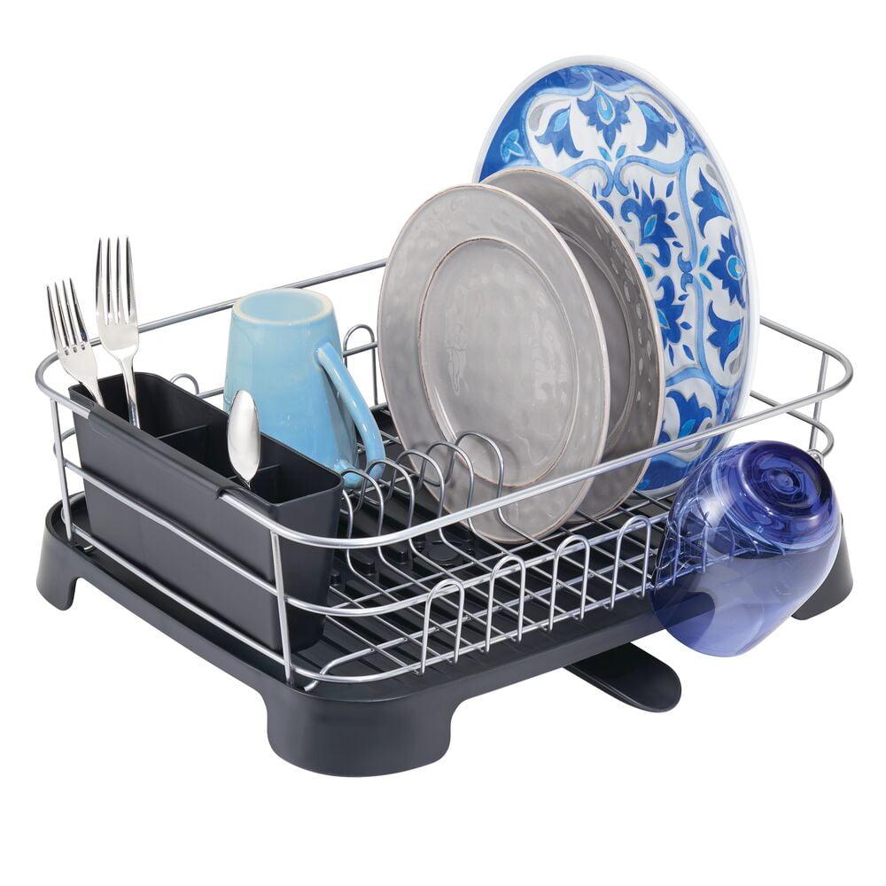 mDesign Alloy Steel Sink Dish Drying Rack Holder with Swivel Spout, Silver/Black