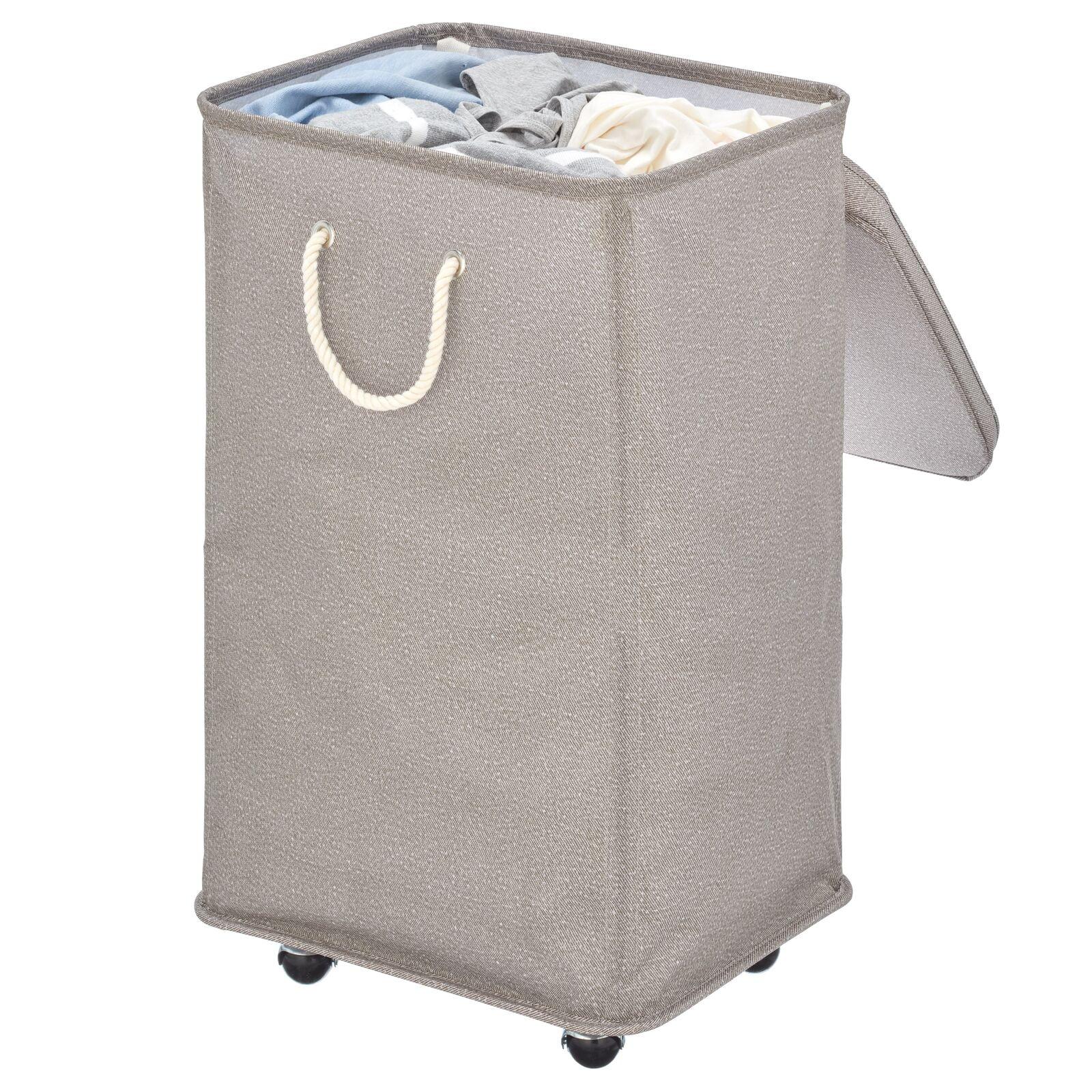 Taupe Polyester Collapsible Rolling Laundry Hamper with Lid and Wheels