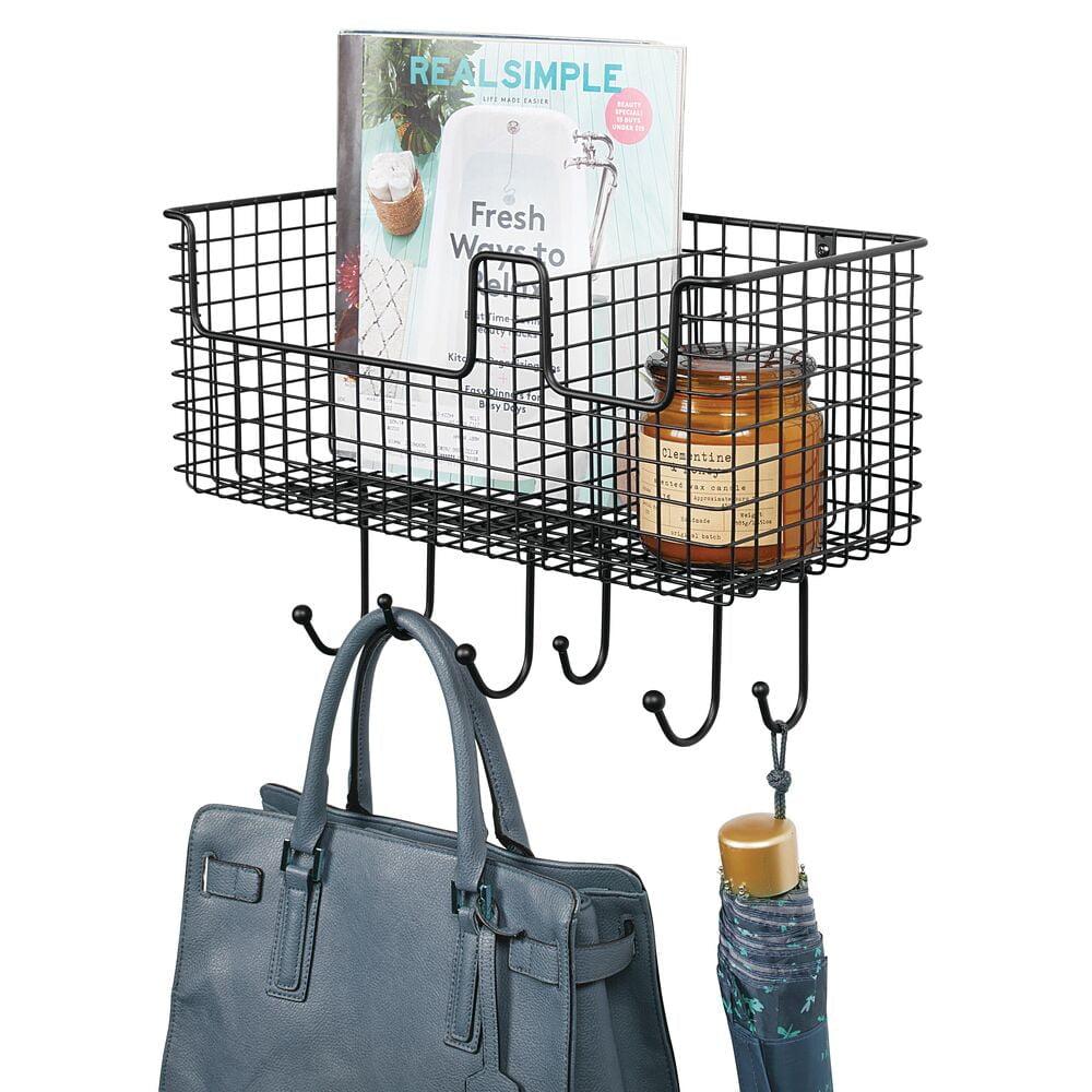 Black Steel Wall-Mounted Storage Basket with Hooks