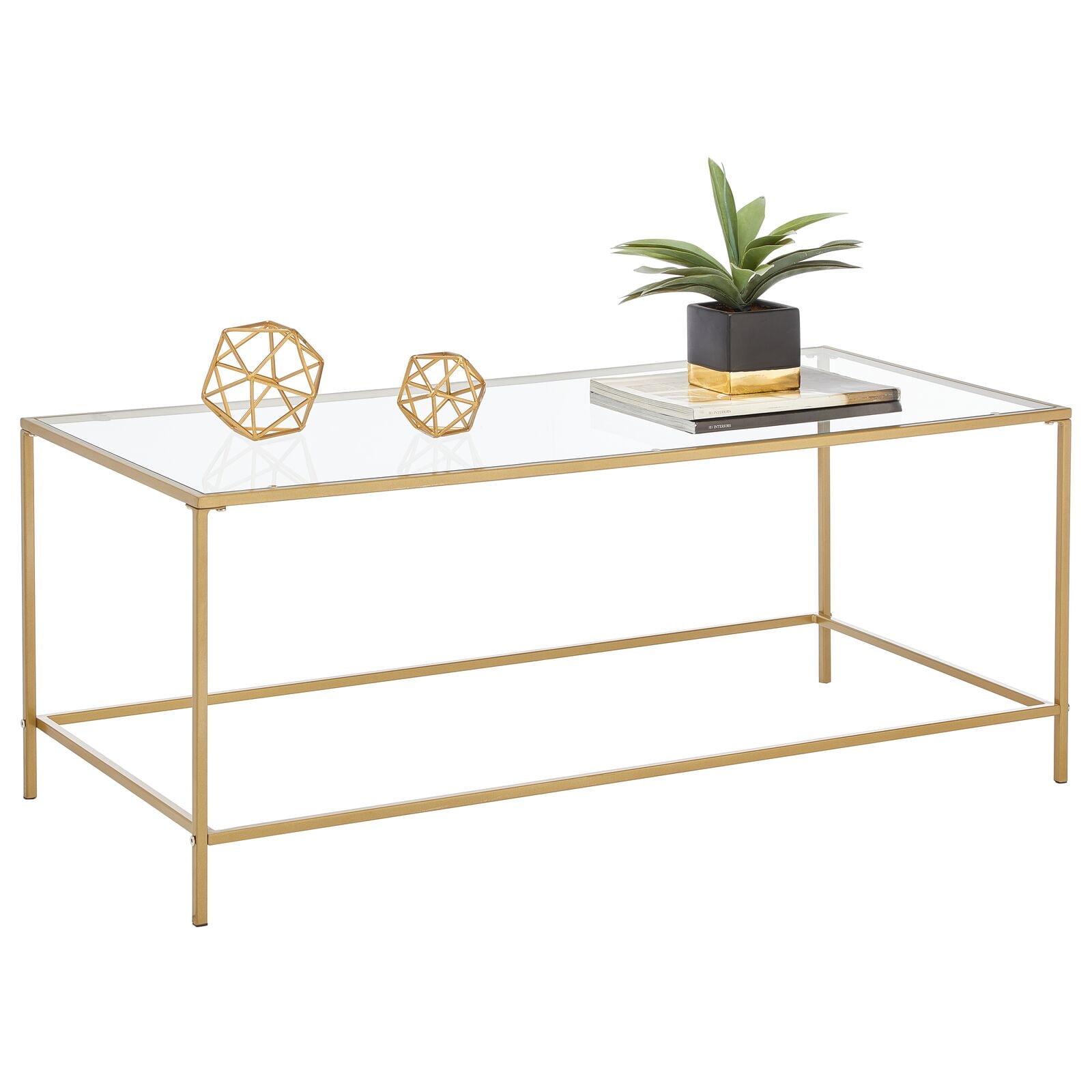 Soft Brass Rectangular Metal and Glass Coffee Table with Storage