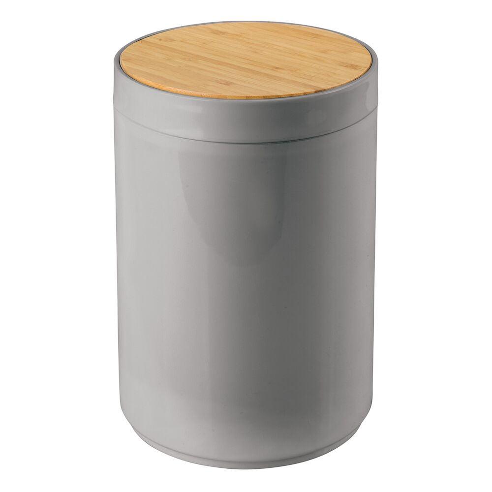 Compact Gray Plastic Trash Can with Natural Bamboo Lid