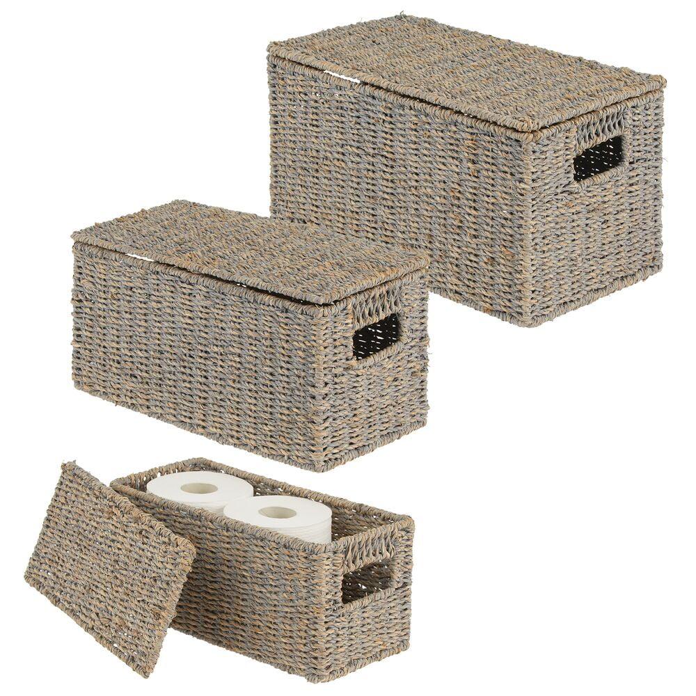 mDesign Woven Seagrass Home Storage Basket with Lid, Set of 3