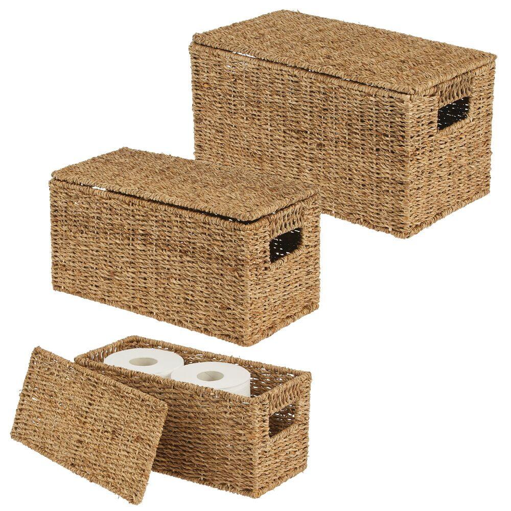 Natural Seagrass Rectangular Storage Baskets with Lids, Set of 3