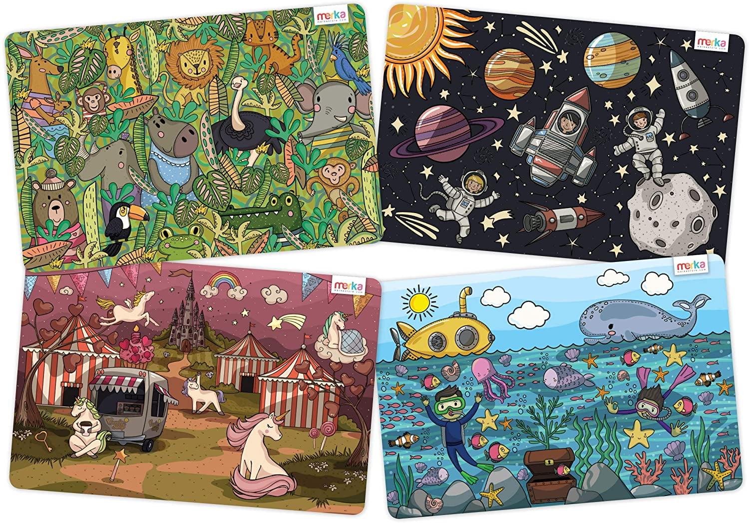 merka Kids Wipeable Plastic Placemats for Dining Table - Ocean, Space, Jungle, Unicorns for Ages 2 and Up, Set of 4