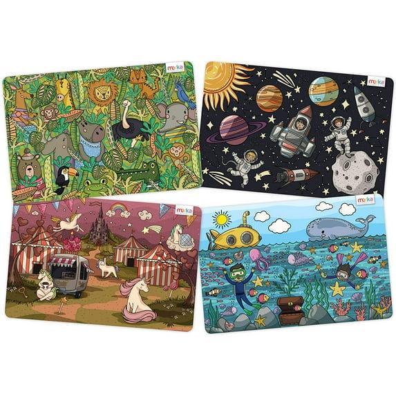 merka Kids Wipeable Plastic Placemats for Dining Table - Ocean, Space, Jungle, Unicorns for Ages 2 and Up, Set of 4