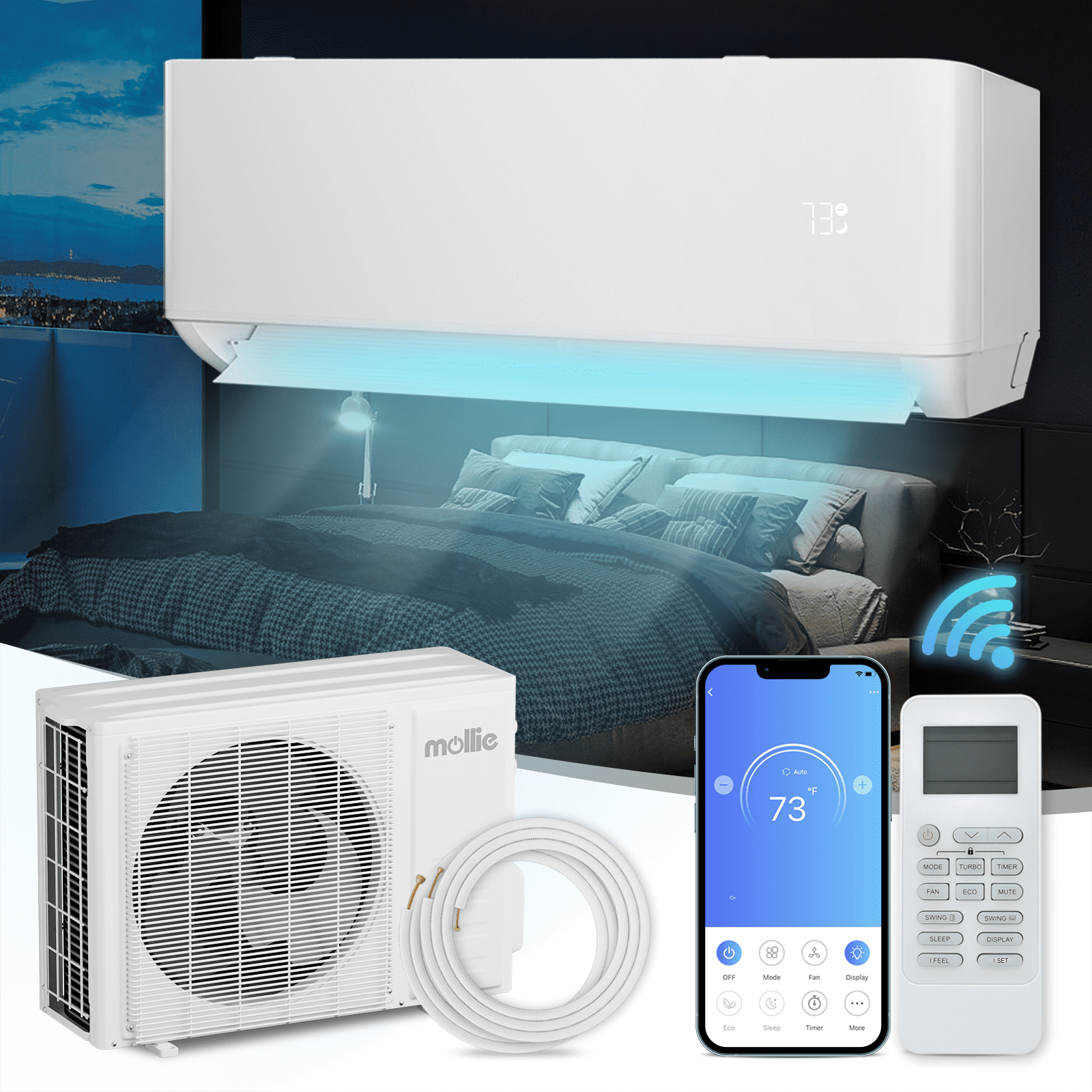 9000 BTU White Smart Control Split Air Conditioner with Heater and Remote