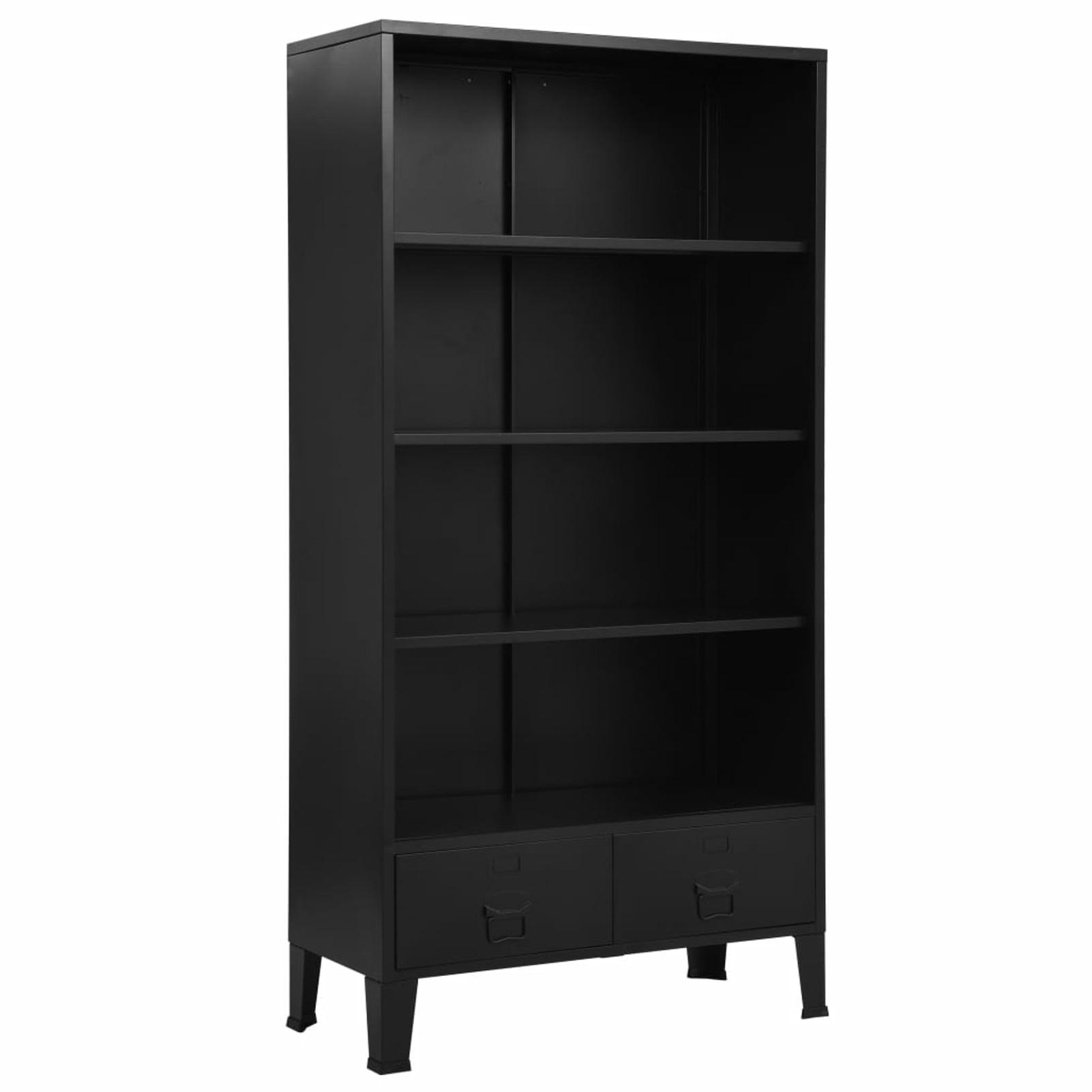 Industrial Black Steel Bookshelf with Drawers and Name Tags