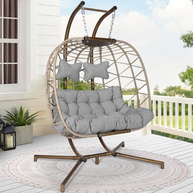 Beige and Grey Double Hanging Egg Chair with Cushions