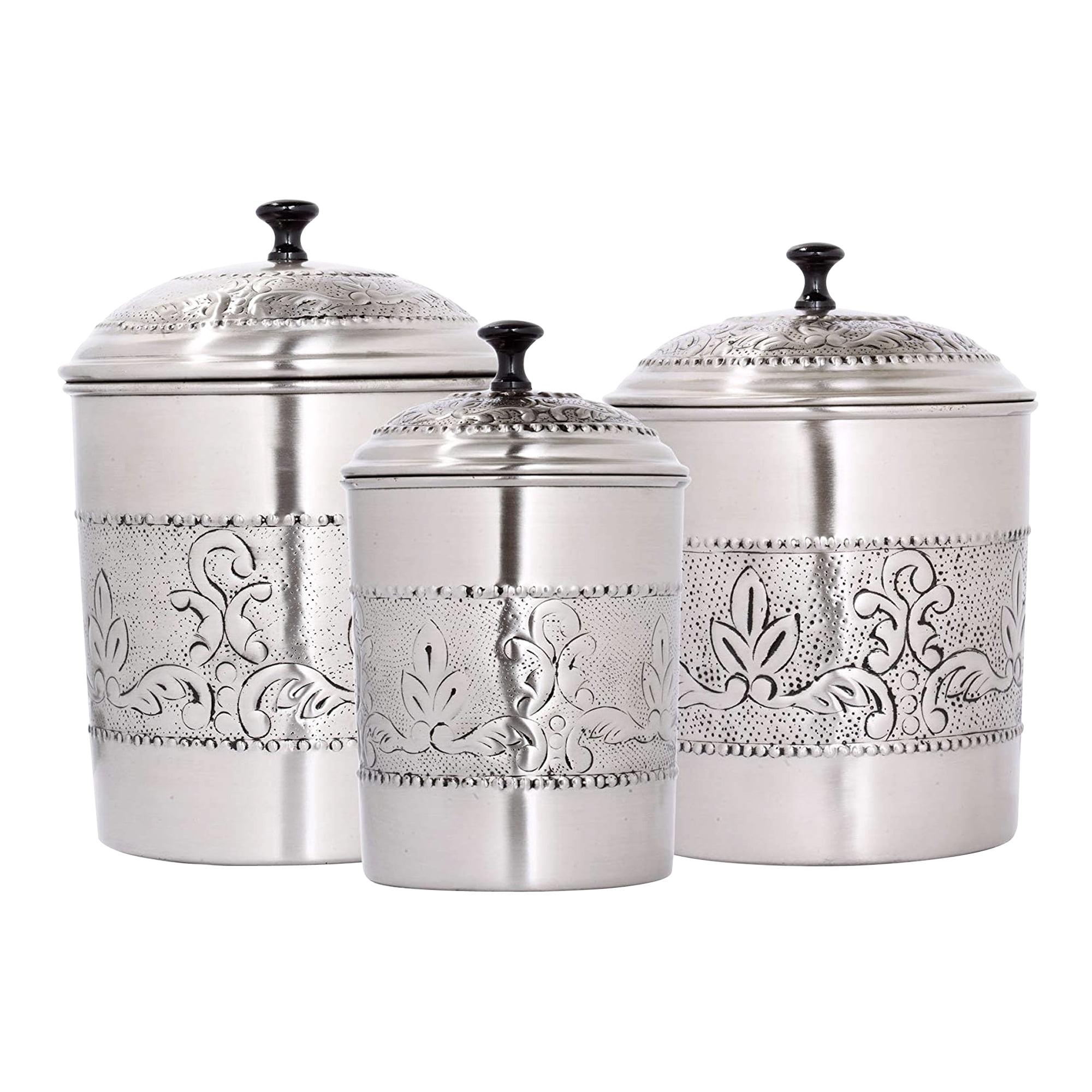 nu steel Antique Pewter Embossed Stainless Steel 3pc Canister Set, Beautiful Food Storage Container for Kitchen Counter, Tea, Sugar, Coffee, Caddy, Flour Canister with Rubber seal lid, TG-411-SET3