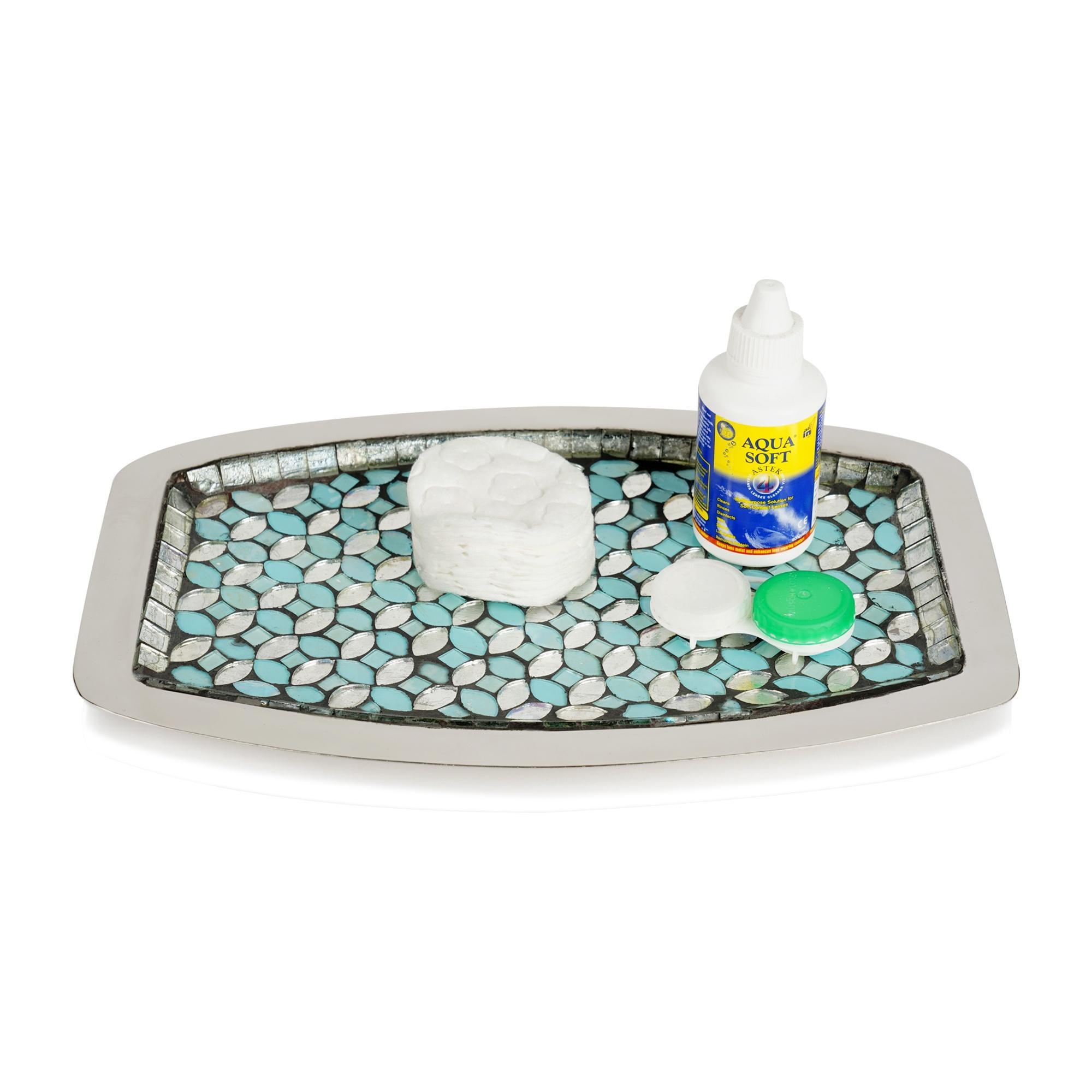 nu steel Sea Foam Bright-Colored Mosaic Glass/stainless steel Vanity Tray Organizer for Makeup Brushes, Tissues, Candles, Soap, Hand Towels, Toilet Paper Storage, Mosaic Glass / steel (SF10H)