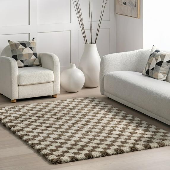 Nuloom Adelaide Checkered 4x6 Shag Indoor Area Rug for Living Room Bedroom Dining Room Nursery, Beige/Brown