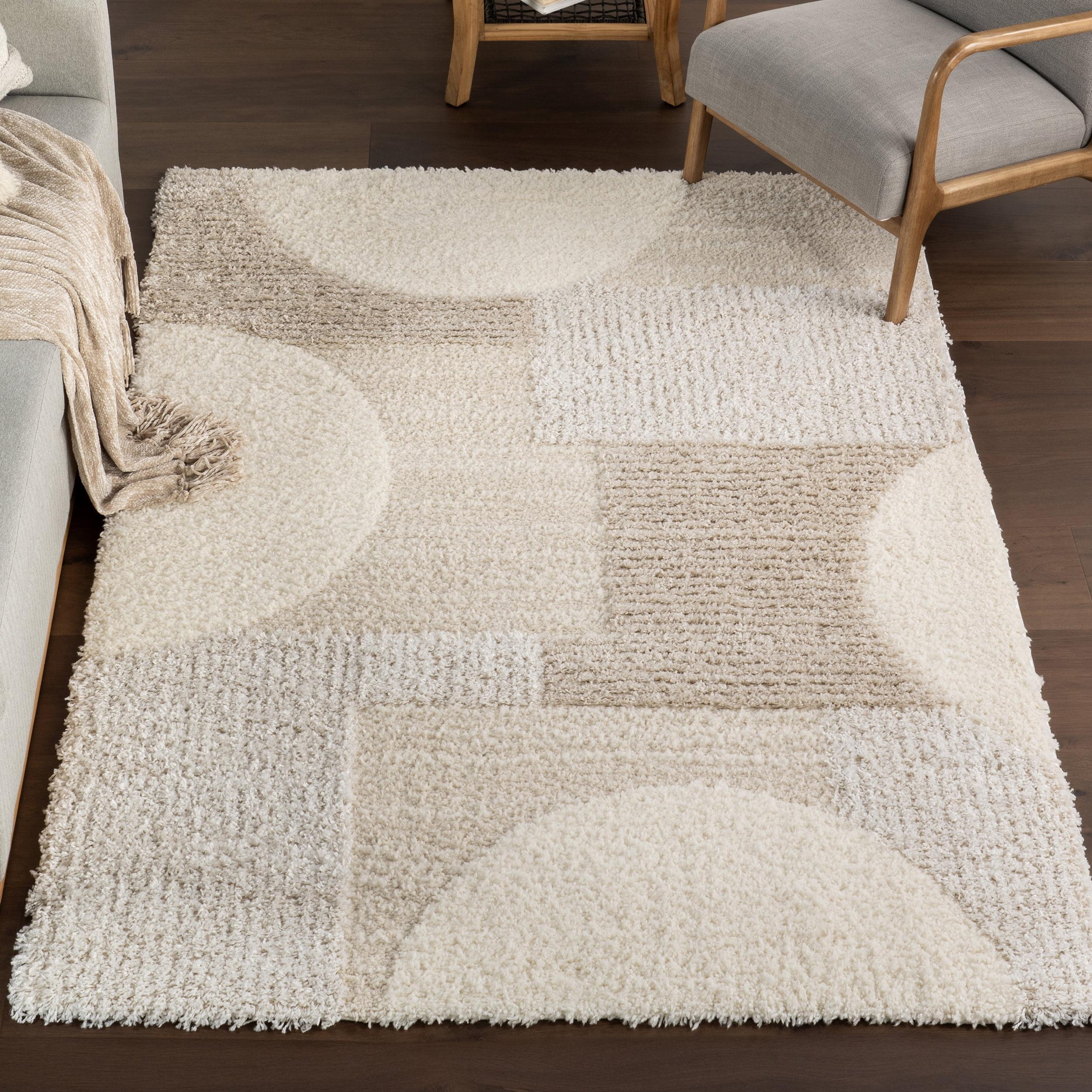 Beige and Cream Geometric High Pile Area Rug, 4' x 6'