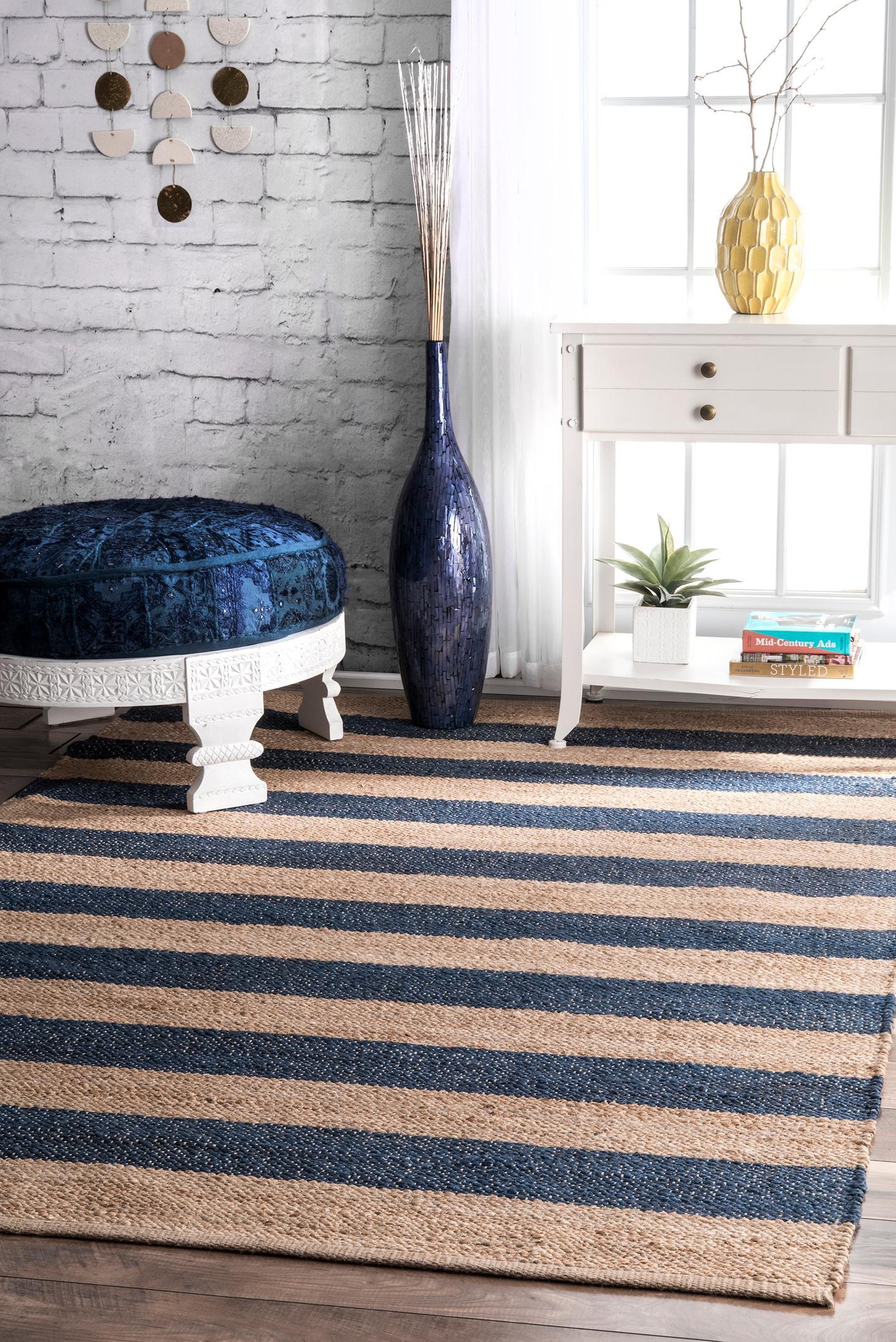 Denim Blue Striped Reversible Flat Woven Jute Runner Rug, 2' 6" x 8'