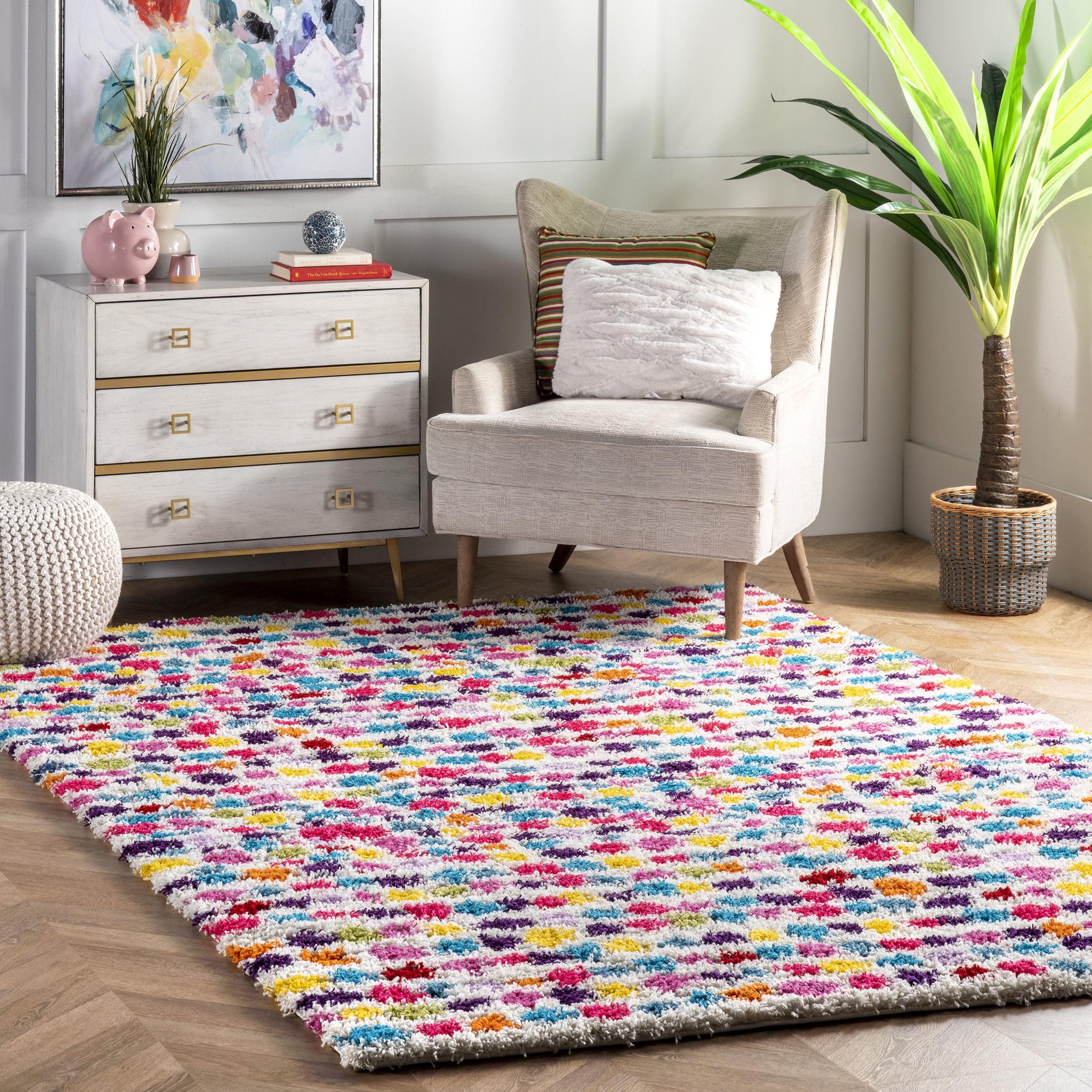 Radiant Rainbow Polka Dot 9' x 12' Multicolor Shag Area Rug