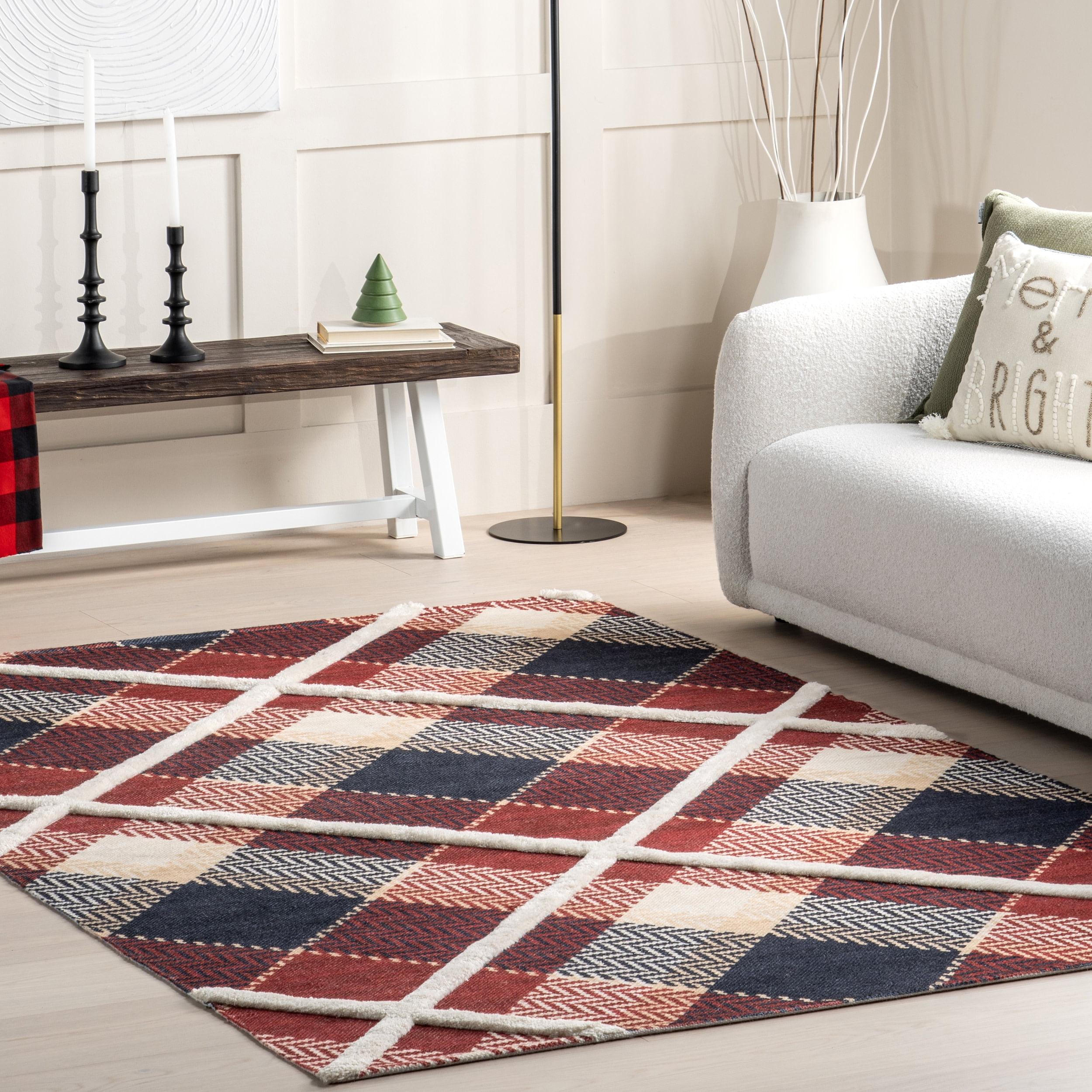 Nuloom Anastasia Plaid 4x6 Wool Indoor Area Rug for Living Room Bedroom Dining Room Kitchen, Red/Dark Blue