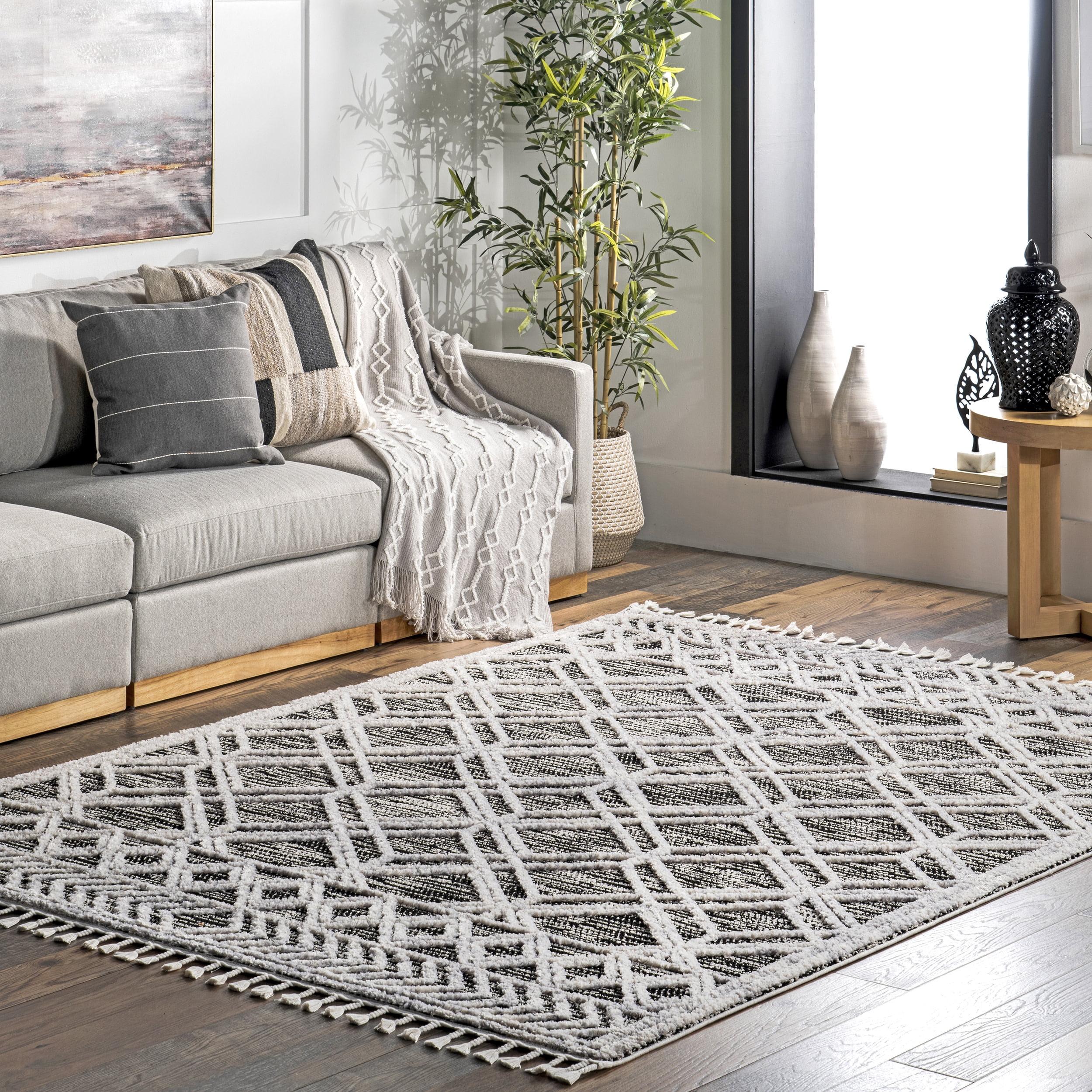 Nuloom 2x6 Ansley Moroccan Tassel Indoor Area Rug, Grey, High-Low Textured Bohemian Design, Plush High Pile, Stain Resistant, Bedroom, Living Room